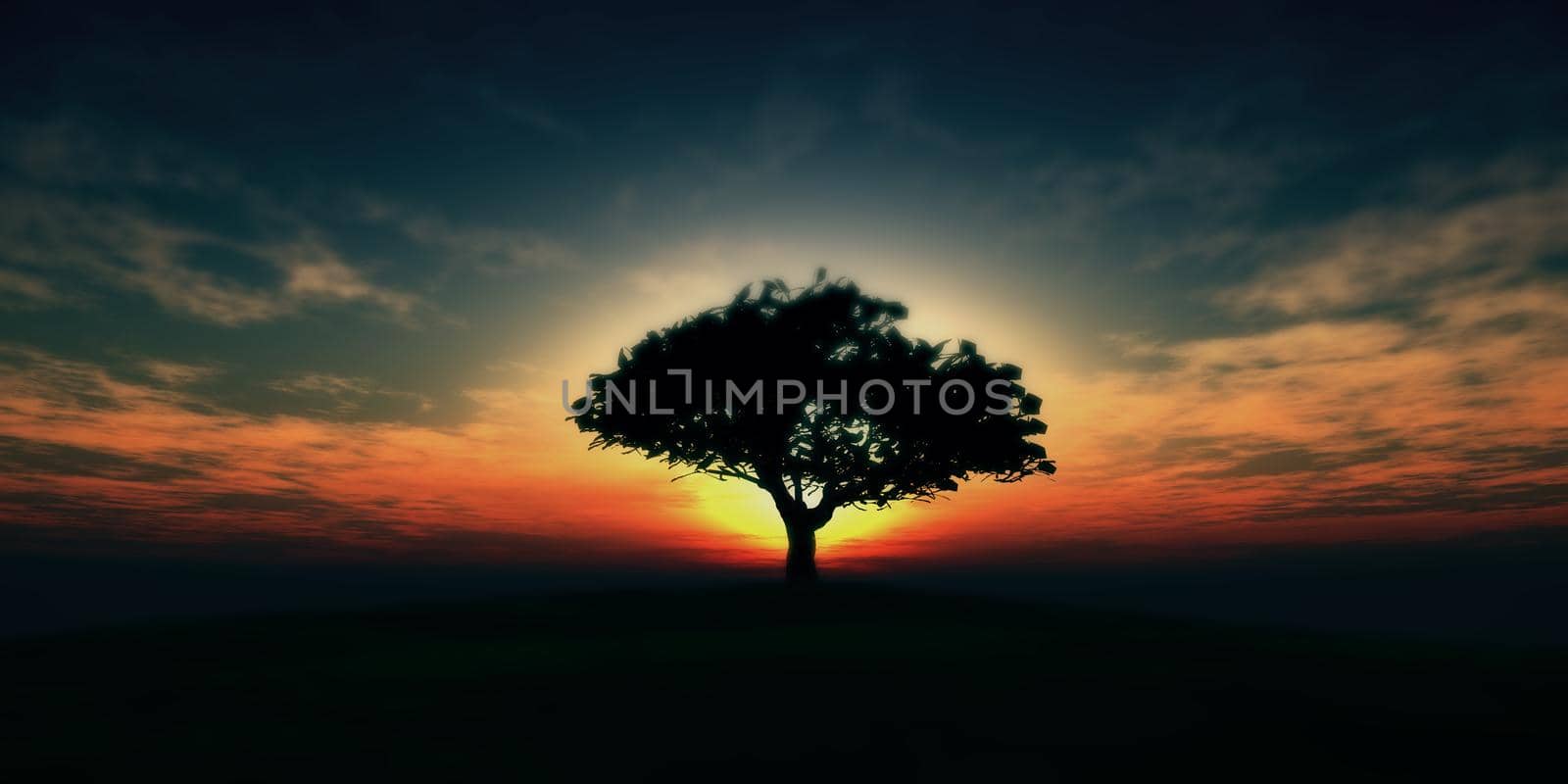 tree on the filed sunset sky, 3d render illustration