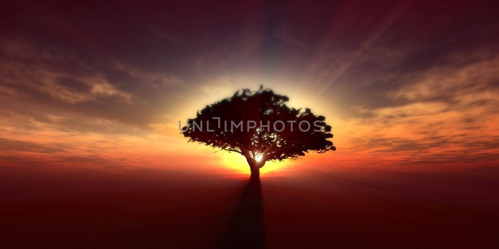 tree on the filed sunset sky, 3d render illustration