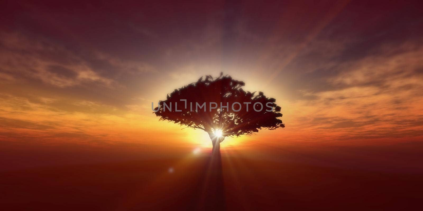 tree on the filed sunset sky, 3d render illustration