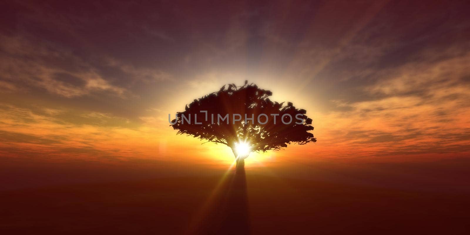 tree on the filed sunset sky, 3d render illustration