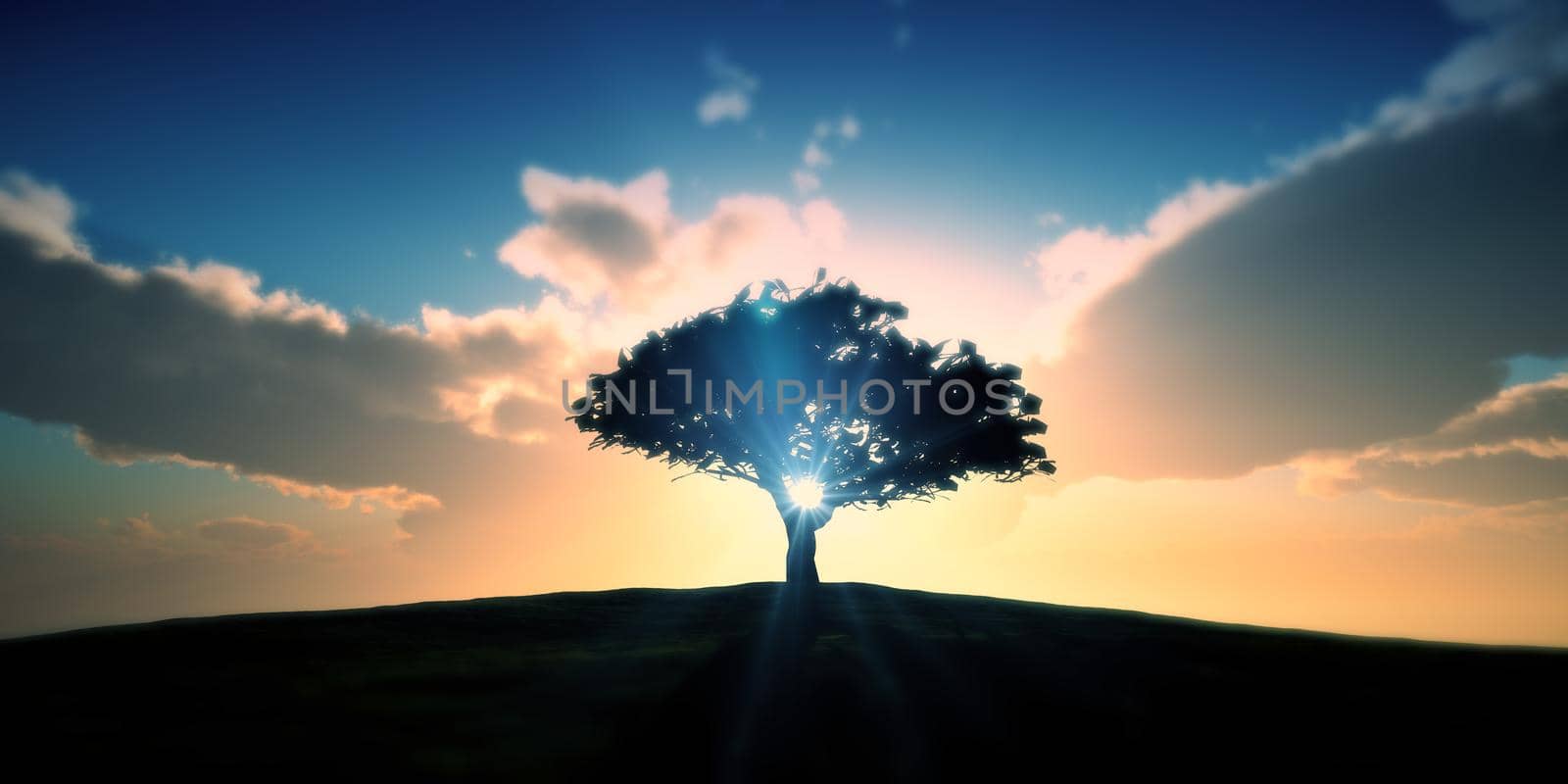 tree on the filed sunset sky, 3d render illustration