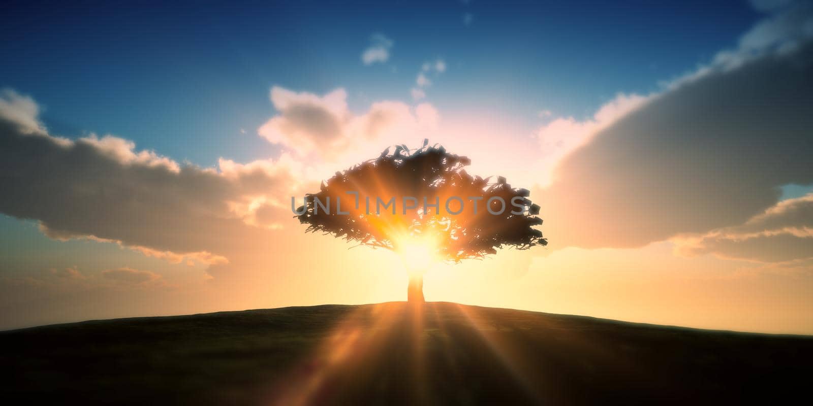 tree on the filed sunset sky, 3d render illustration