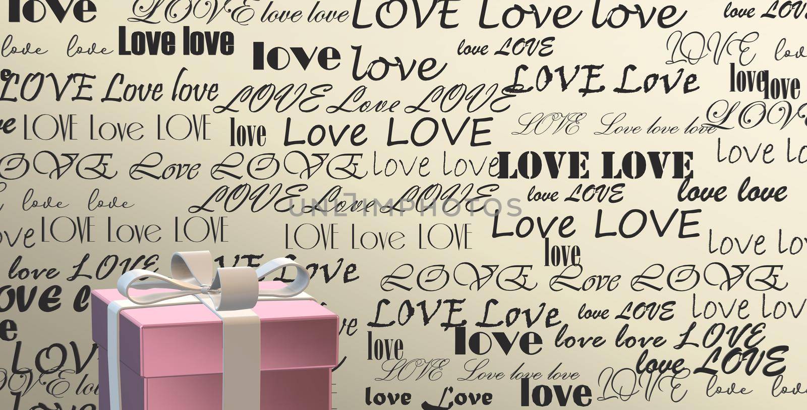 Word LOVE on gold background, 3D gift box. Valentines, Love, party invitation, mothers day, 8th March, wedding, greeting card. Place for text. Elegant love design. 3D render