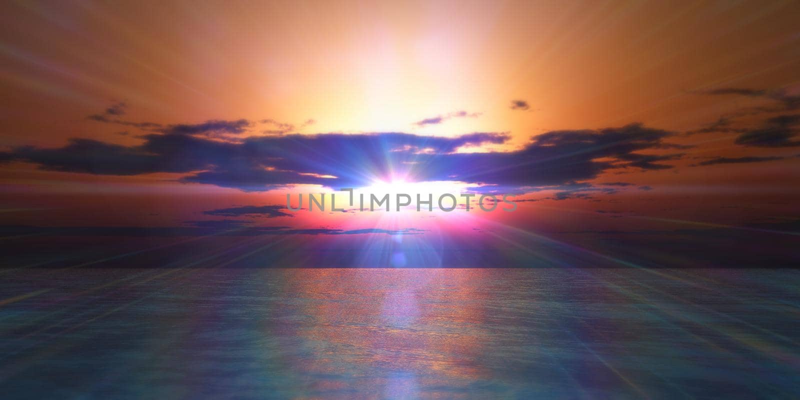 sunset / sunrise in sea clouds, 3d render illustration