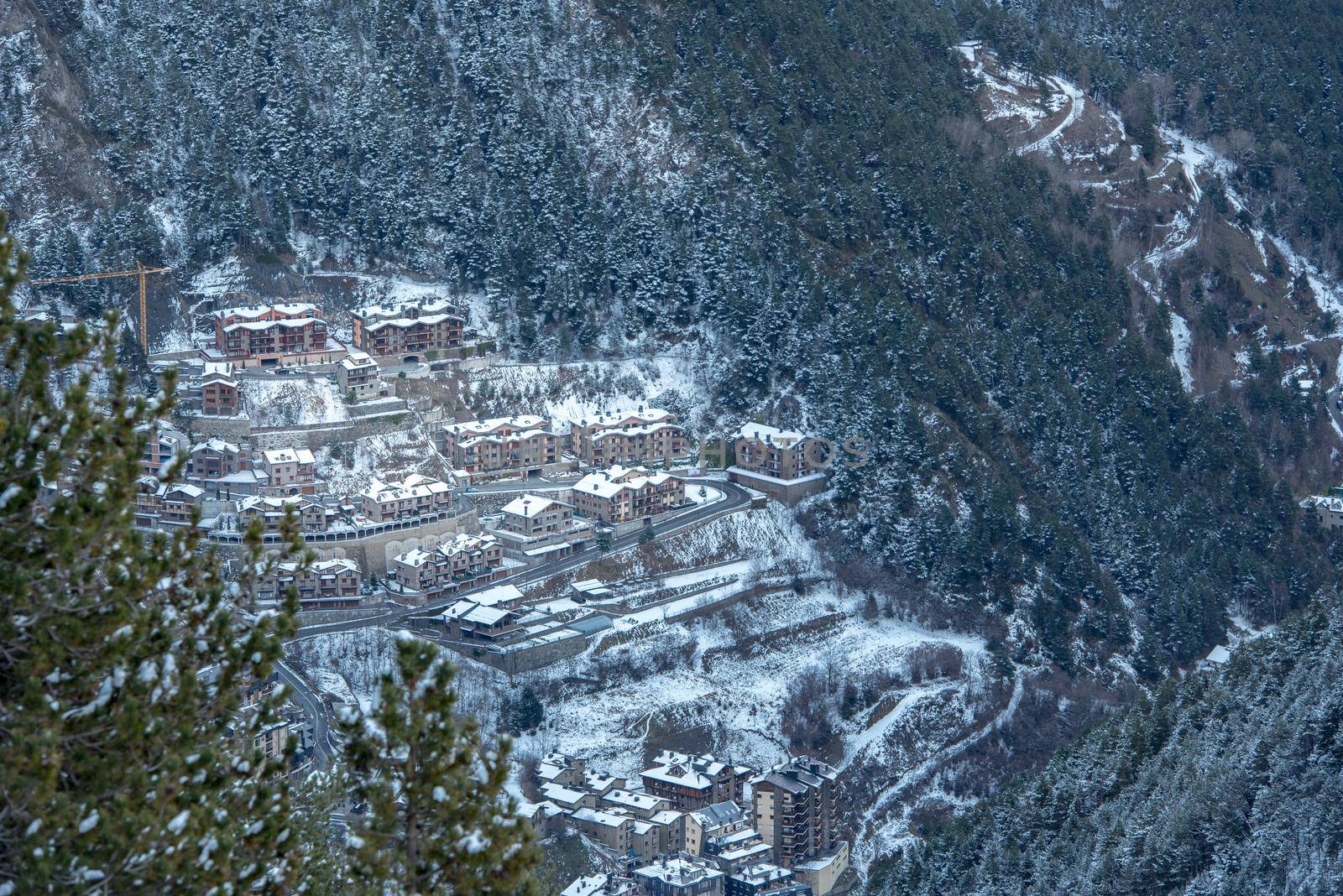Cityscape of Arinsal, La Massana, Andorra in winter.