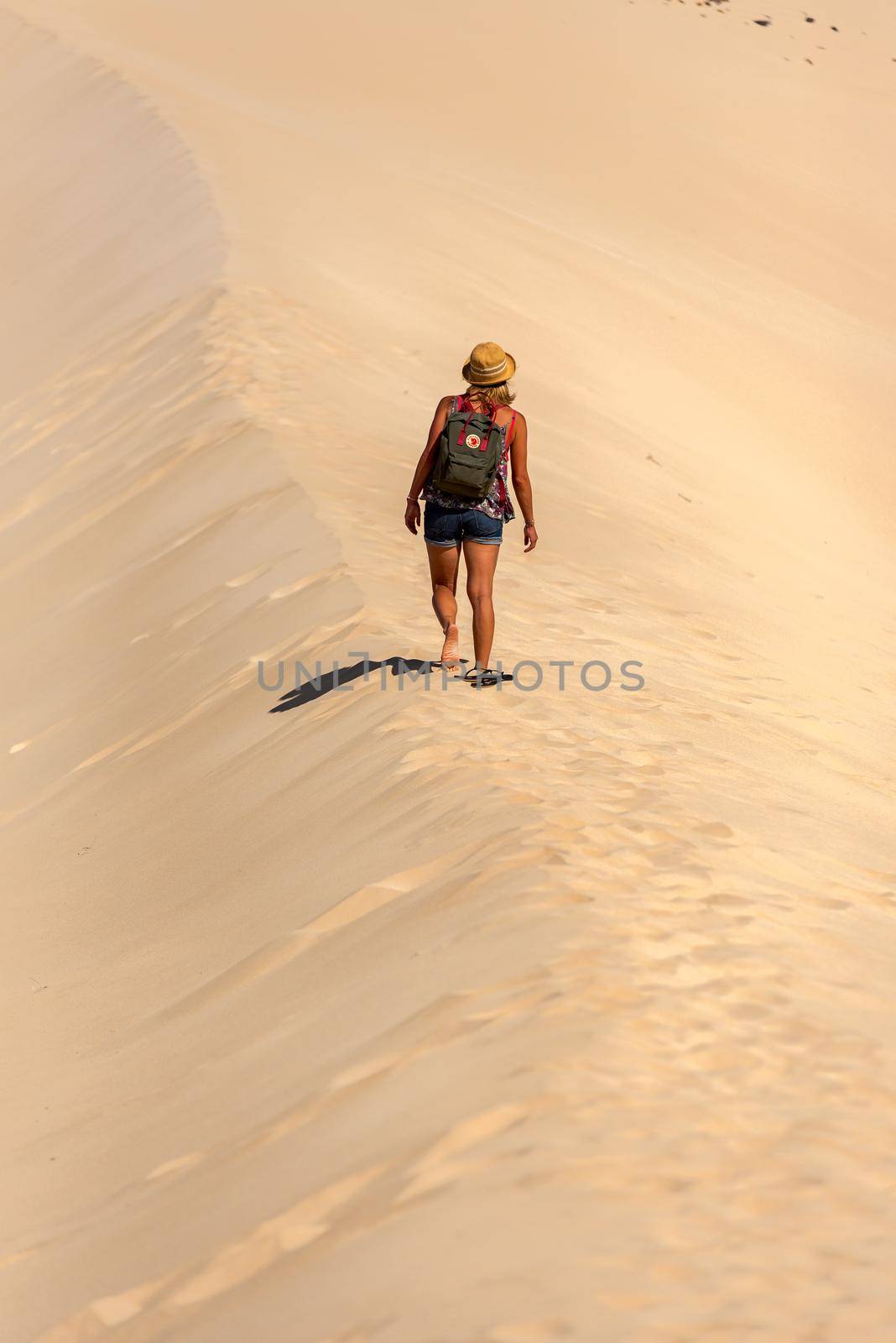 Young Blonde Woman walks through the dunes at Playa de Sotavento, Fuerteventura in Spain in summer. by martinscphoto