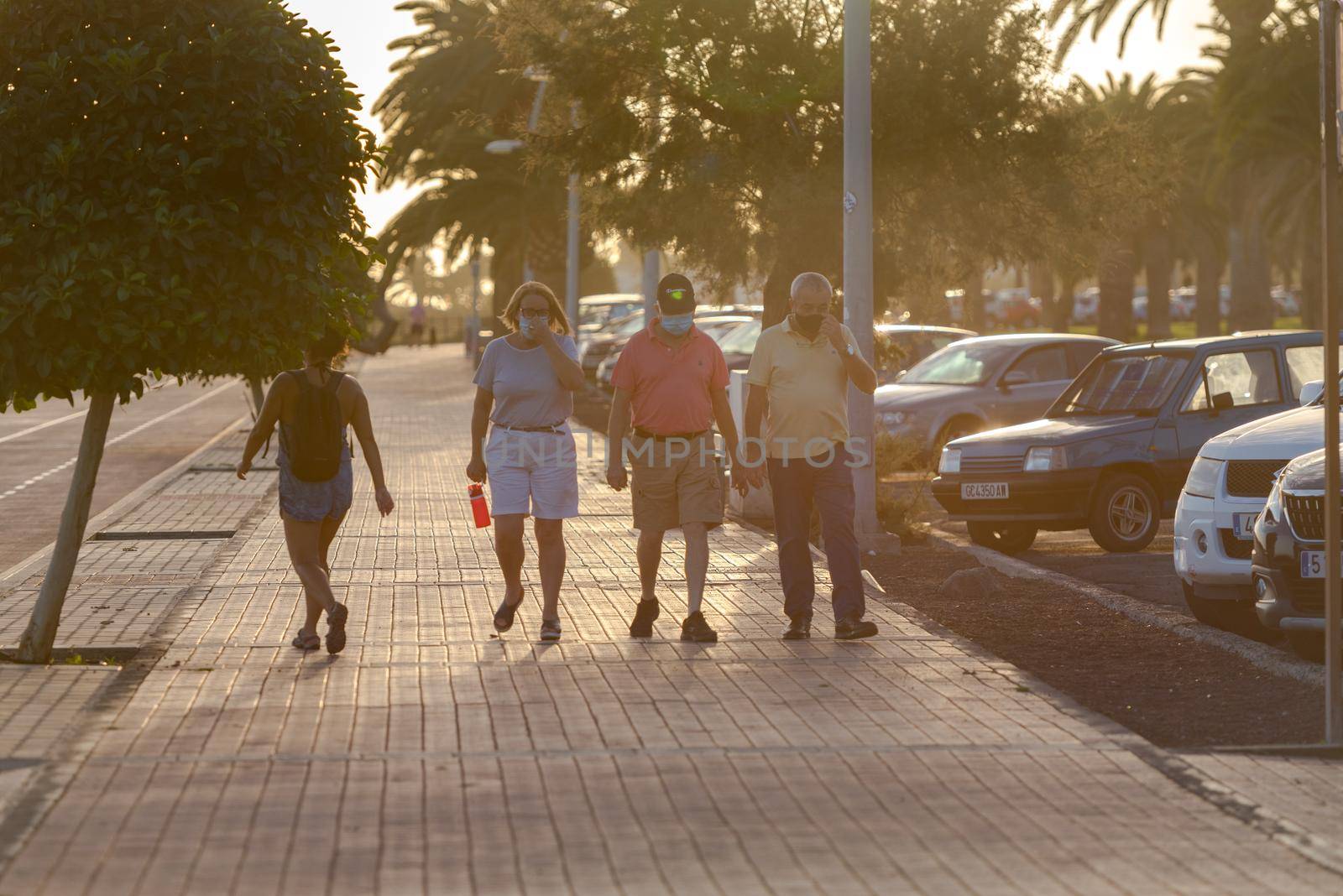 Morro Jable, Fuerteventura, Spain: 2020 October 08: People walking in the time of COVID 19 Morro Jable on the Island of Fuerteventura in Spain in the summer of 2020.