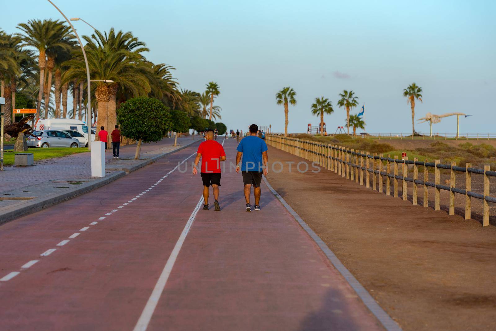 Morro Jable, Fuerteventura, Spain: 2020 October 08: People walking in the time of COVID 19 Morro Jable on the Island of Fuerteventura in Spain in the summer of 2020.