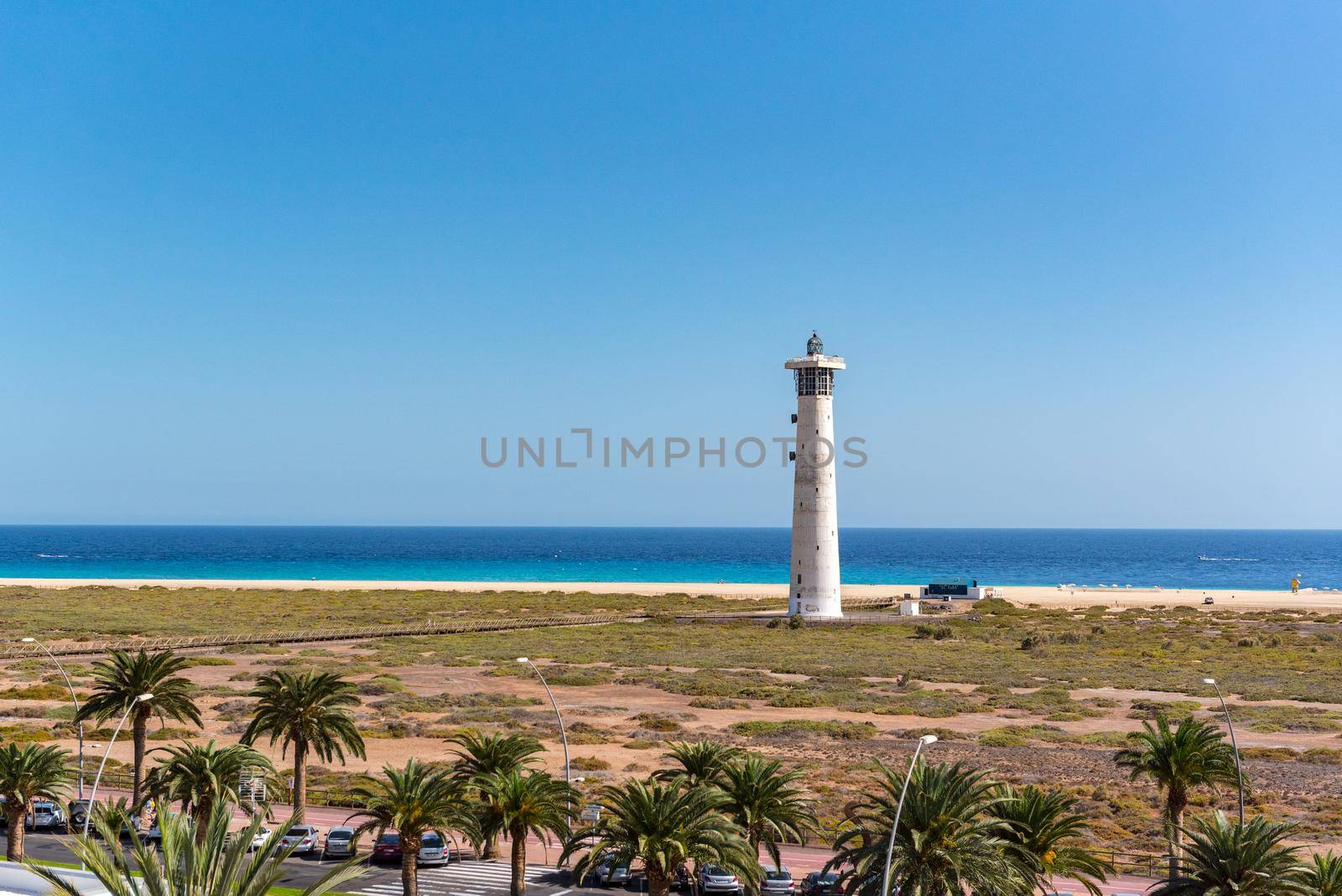 Lighthouse on the Island of Fuerteventura in Spain in the summer of 2020.