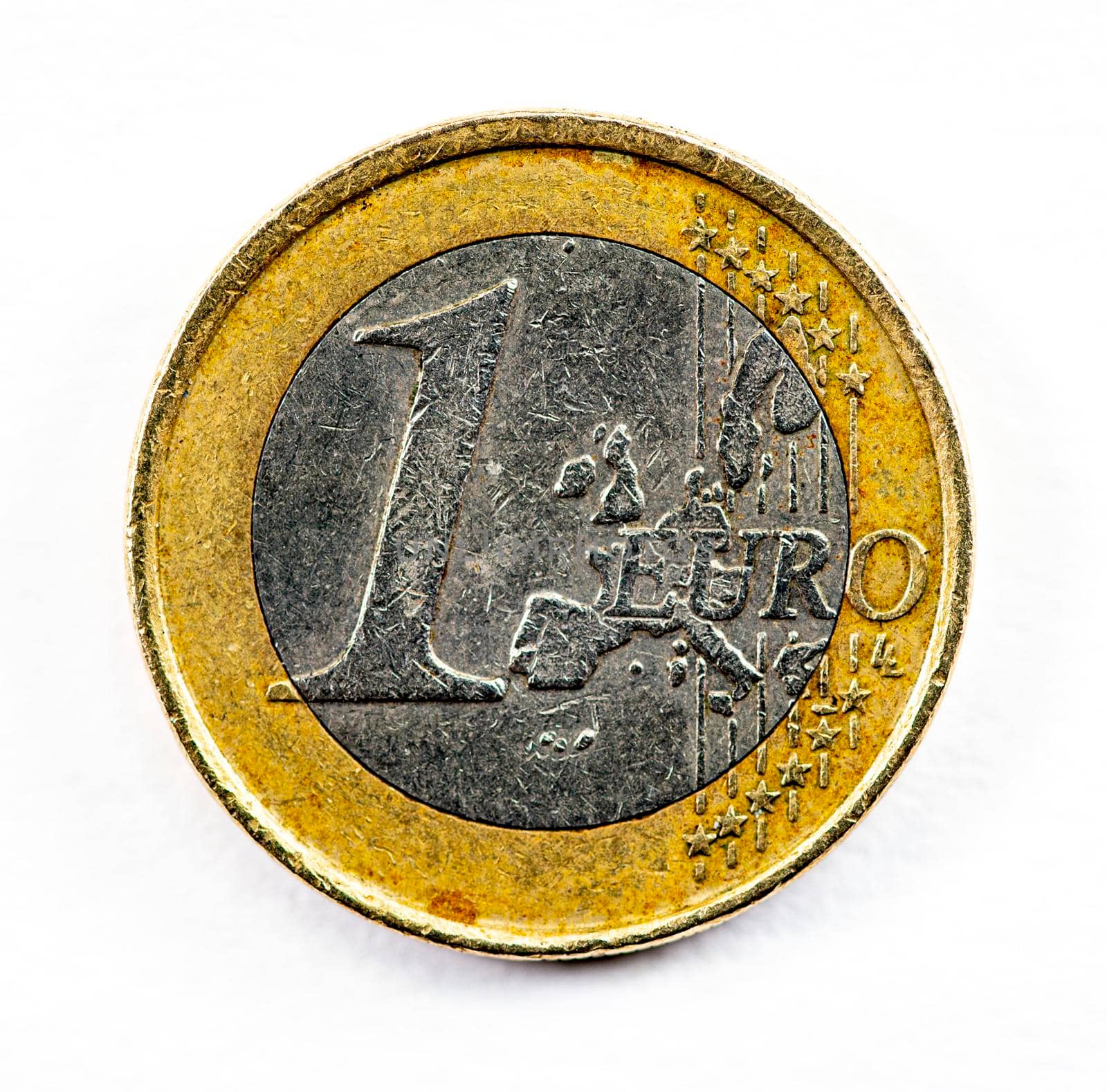 photograph of a one euro coin on a white background