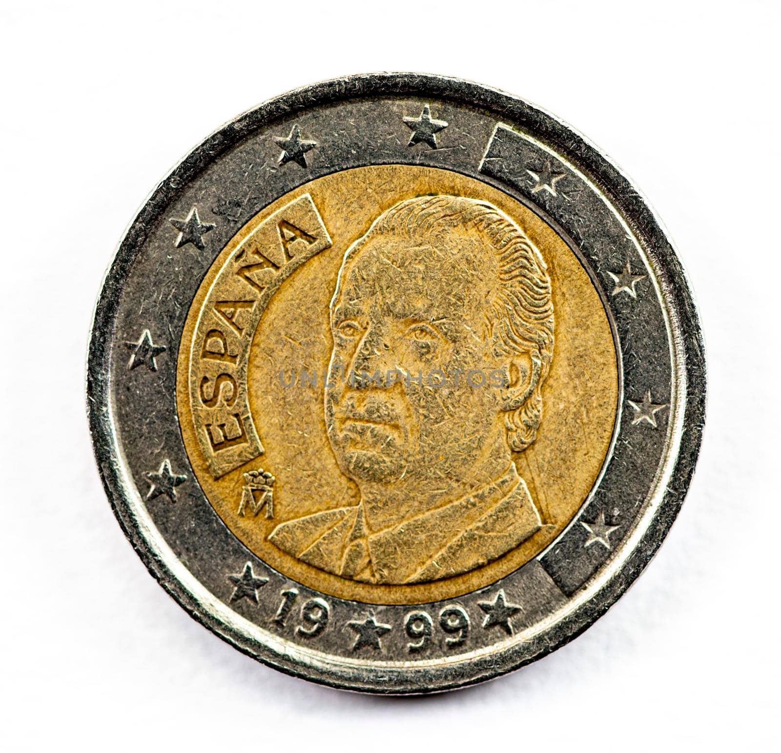 photograph of a one euro coin on a white background