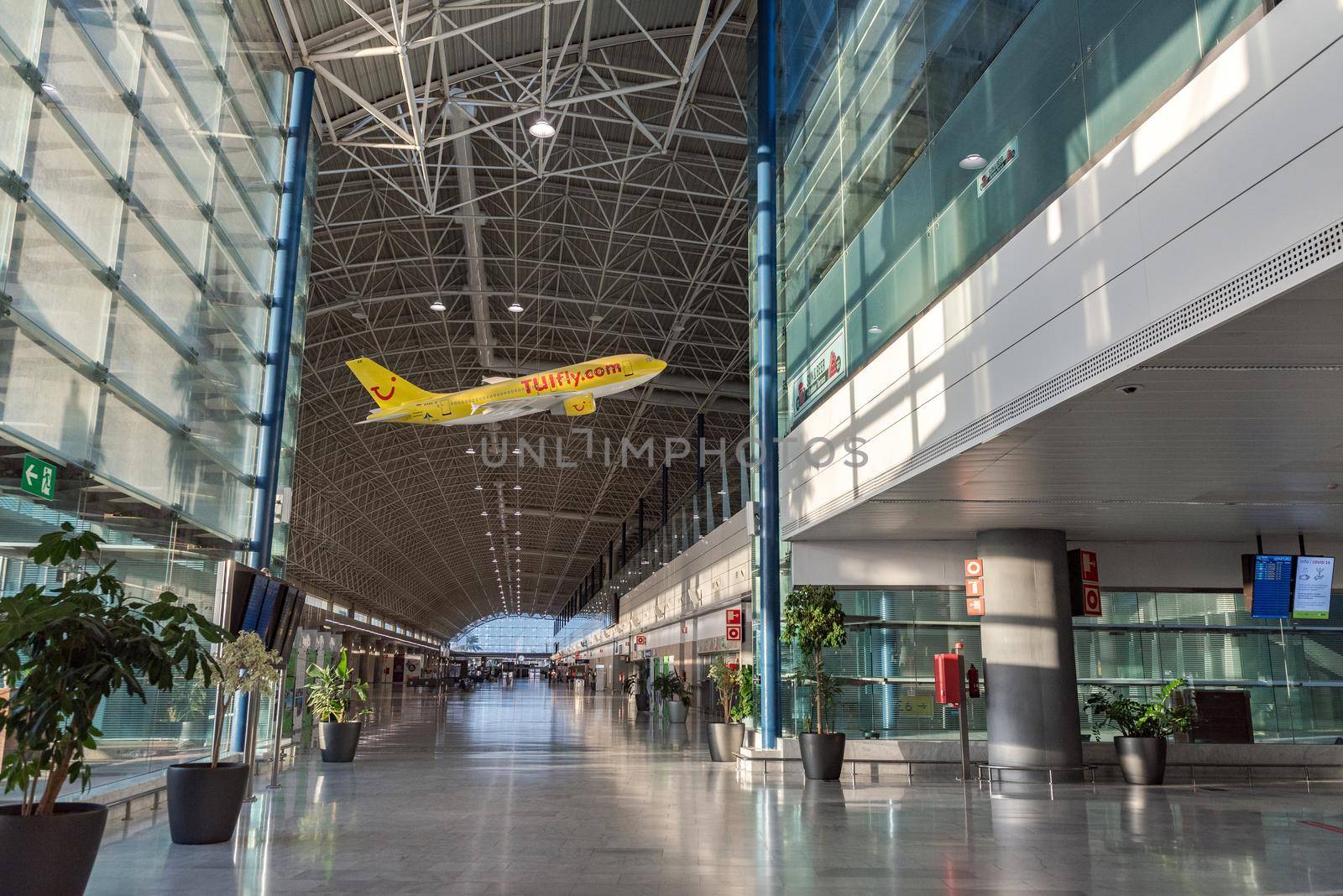 Puerto del Rosario, Fuerteventura, Canary Islands, Spain : October 9, 2020 : Interior of the Fuerteventura International Airport empty due to the covid pandemic . October 9, 2010 on Canary Island Fuerteventura.