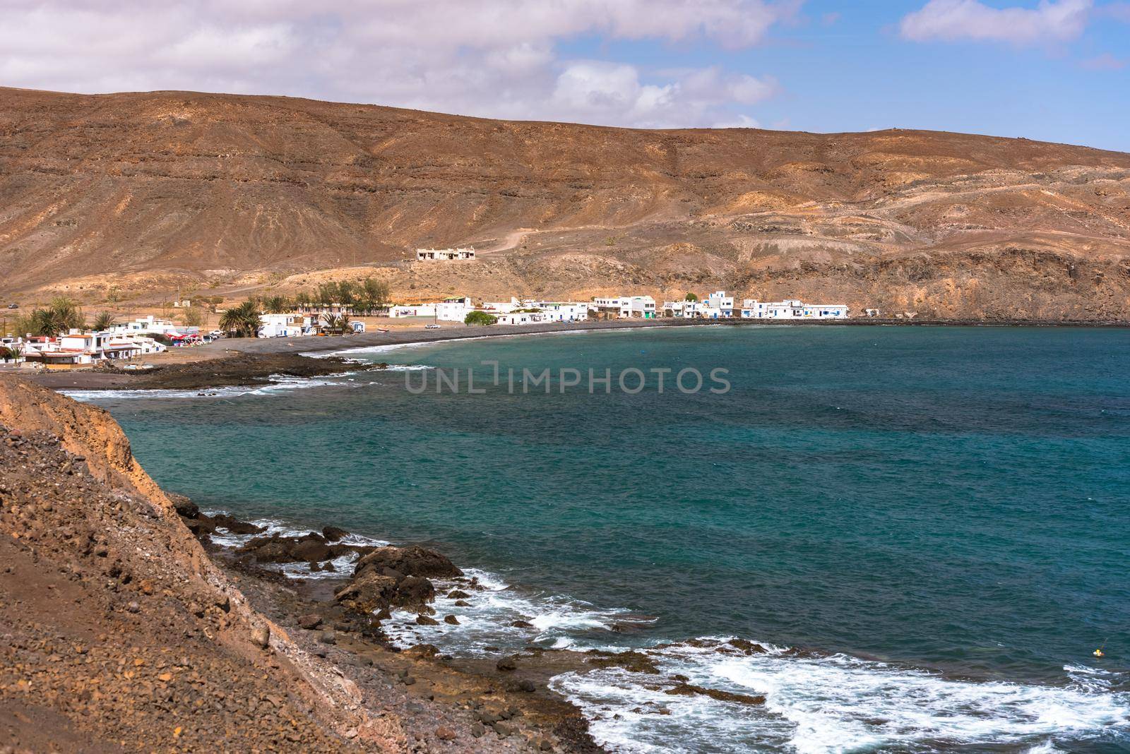 Cityscape on the beach of Pozo Negro on the island of Fuerteventura, Spain.