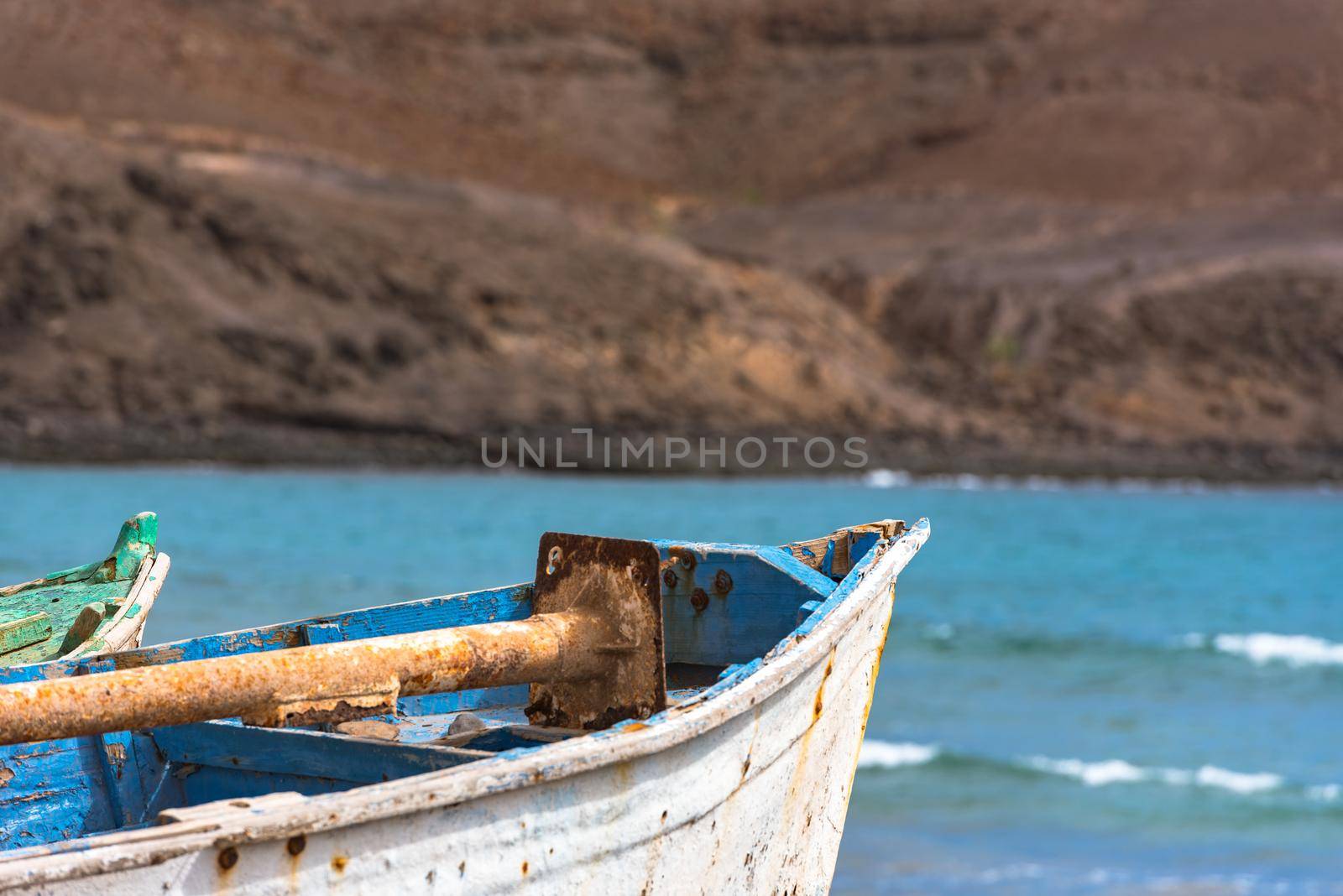 Boats on the beach of Pozo Negro on the island of Fuerteventura, Spain.