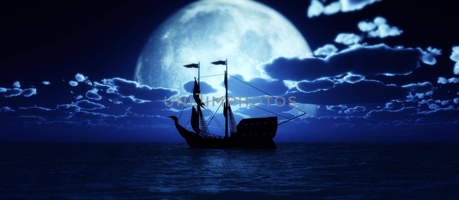 old ship full moon, 3d render by alex_nako