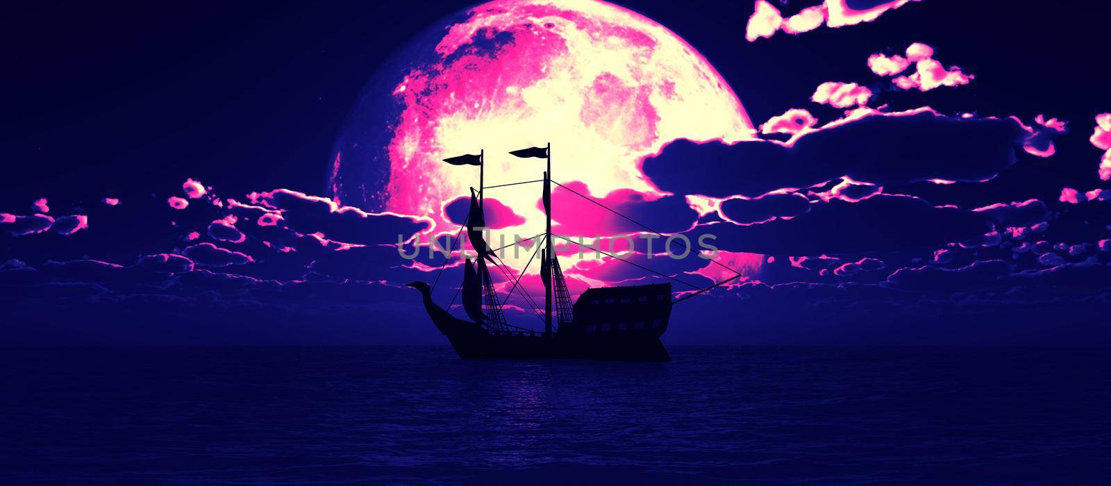 old ship full moon, 3d render illustration
