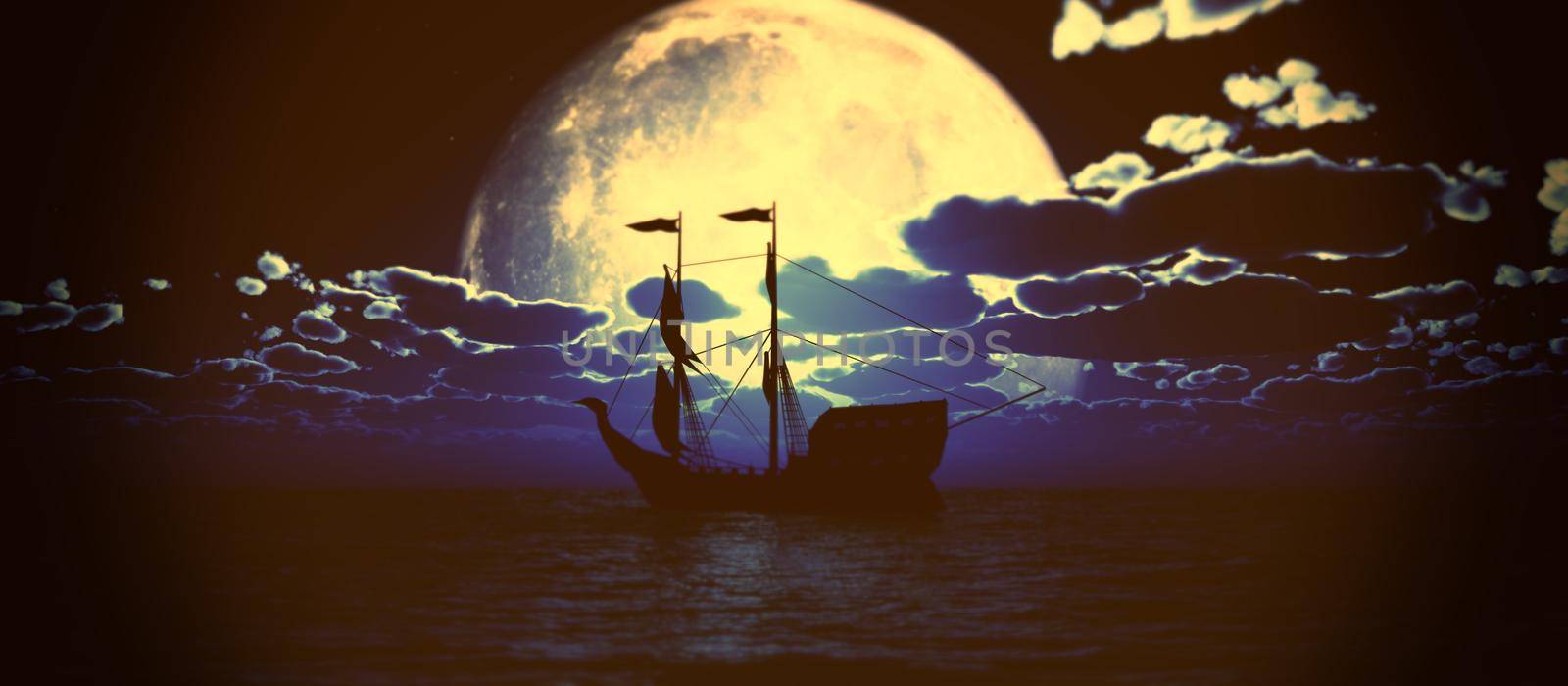 old ship full moon, 3d render illustration