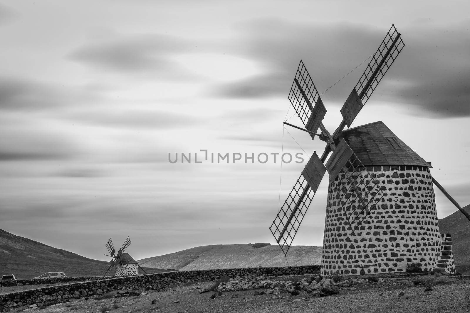 Windmills on the island of Fuerteventura in Spain.