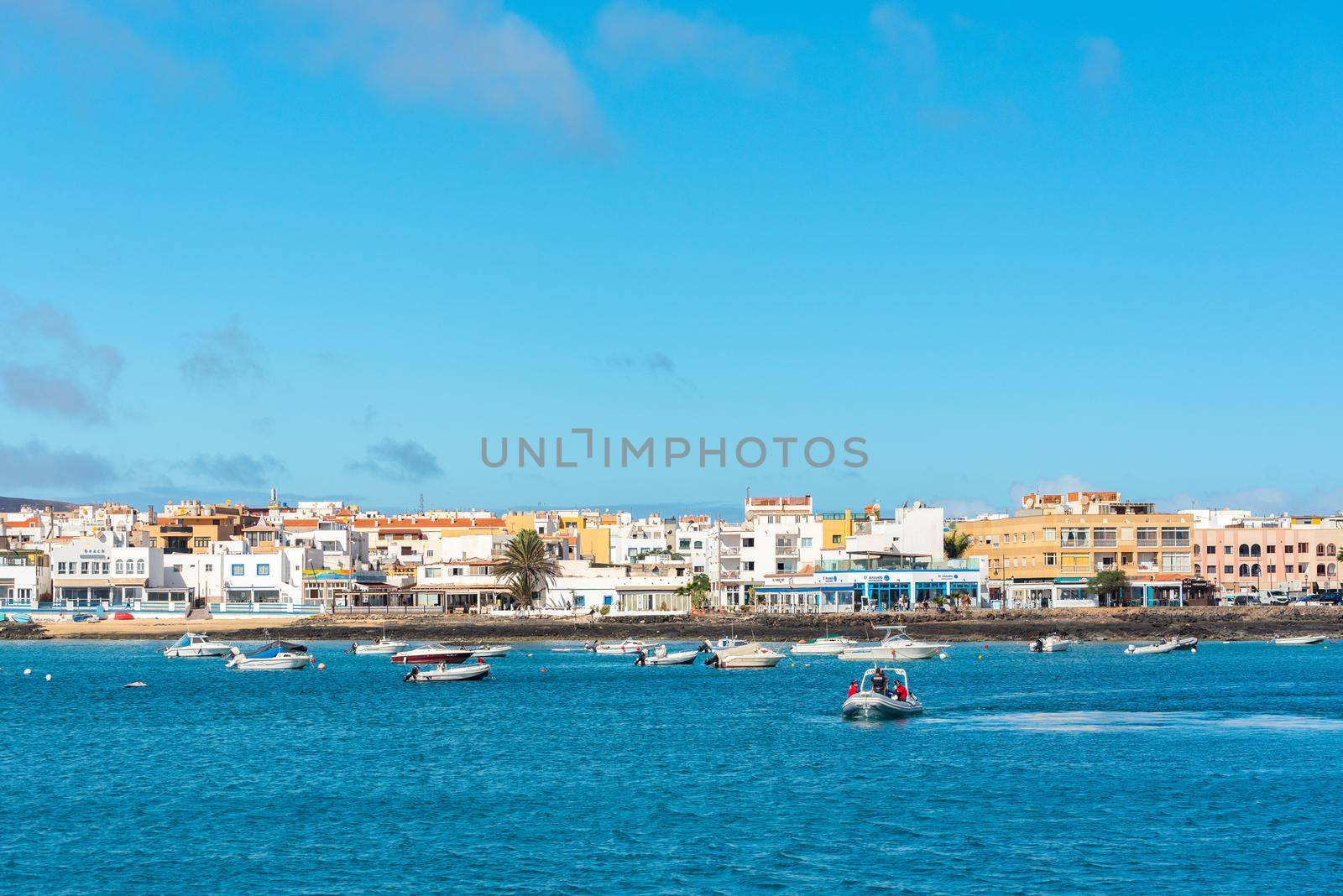 Corralejo, Fuerteventura, Spain: 2020 September 30: Sunny day in Corralejo from the sea in Fuerteventura on the Canary Islands in Spain.