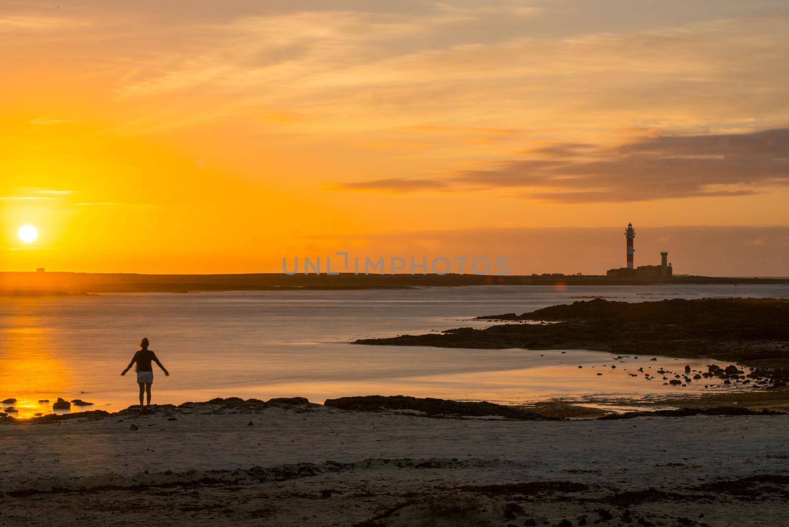 El Cotillo, Fuerteventura, Spain : 2020 October 2 : Sunset Lighthouse Faro el toston, El Cotillo, Fuerteventura, Spain in summer.