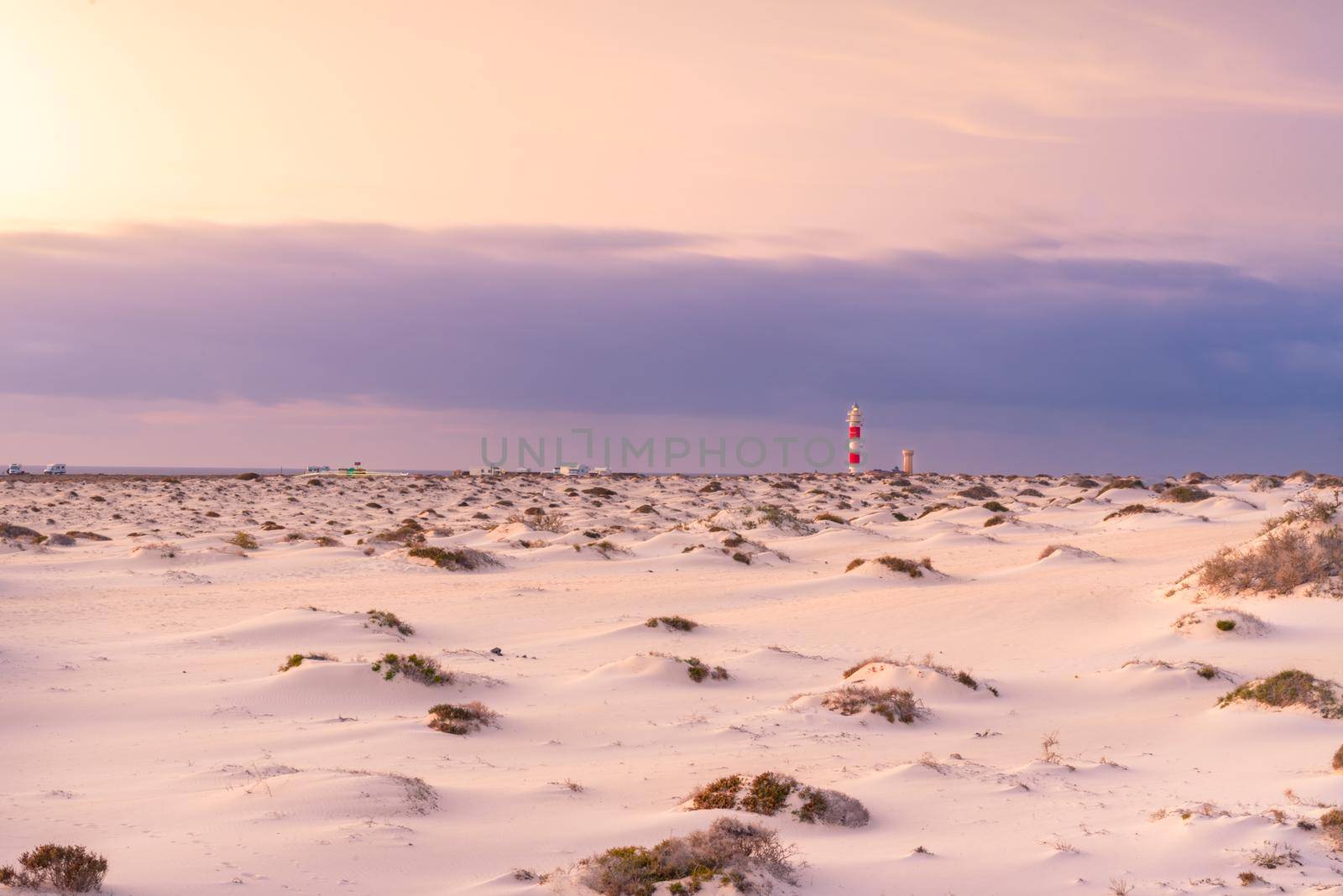 El Cotillo, Fuerteventura, Spain : 2020 October 2 : Sunset Lighthouse Faro el toston, El Cotillo, Fuerteventura, Spain in summer.