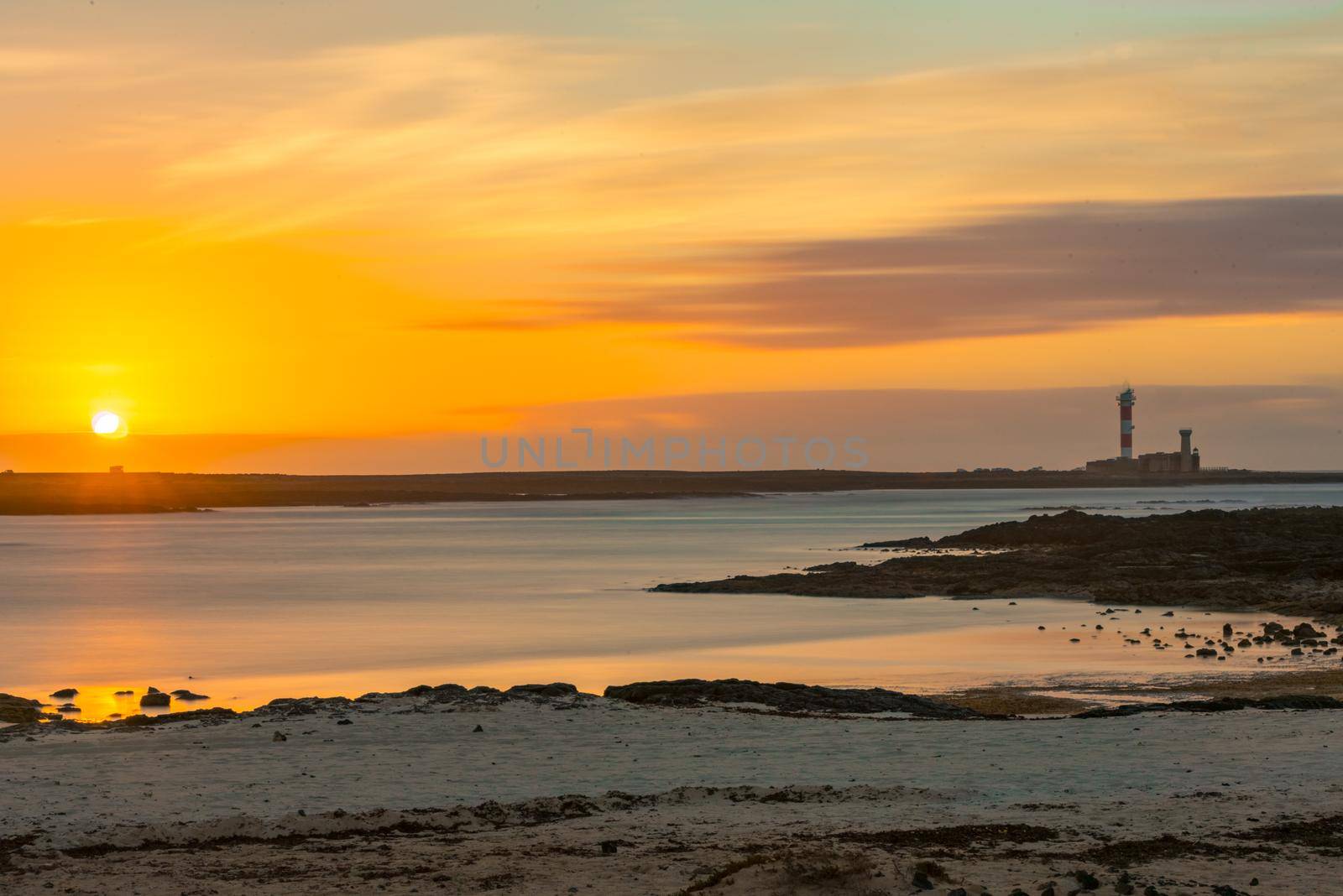 El Cotillo, Fuerteventura, Spain : 2020 October 2 : Sunset Lighthouse Faro el toston, El Cotillo, Fuerteventura, Spain in summer.
