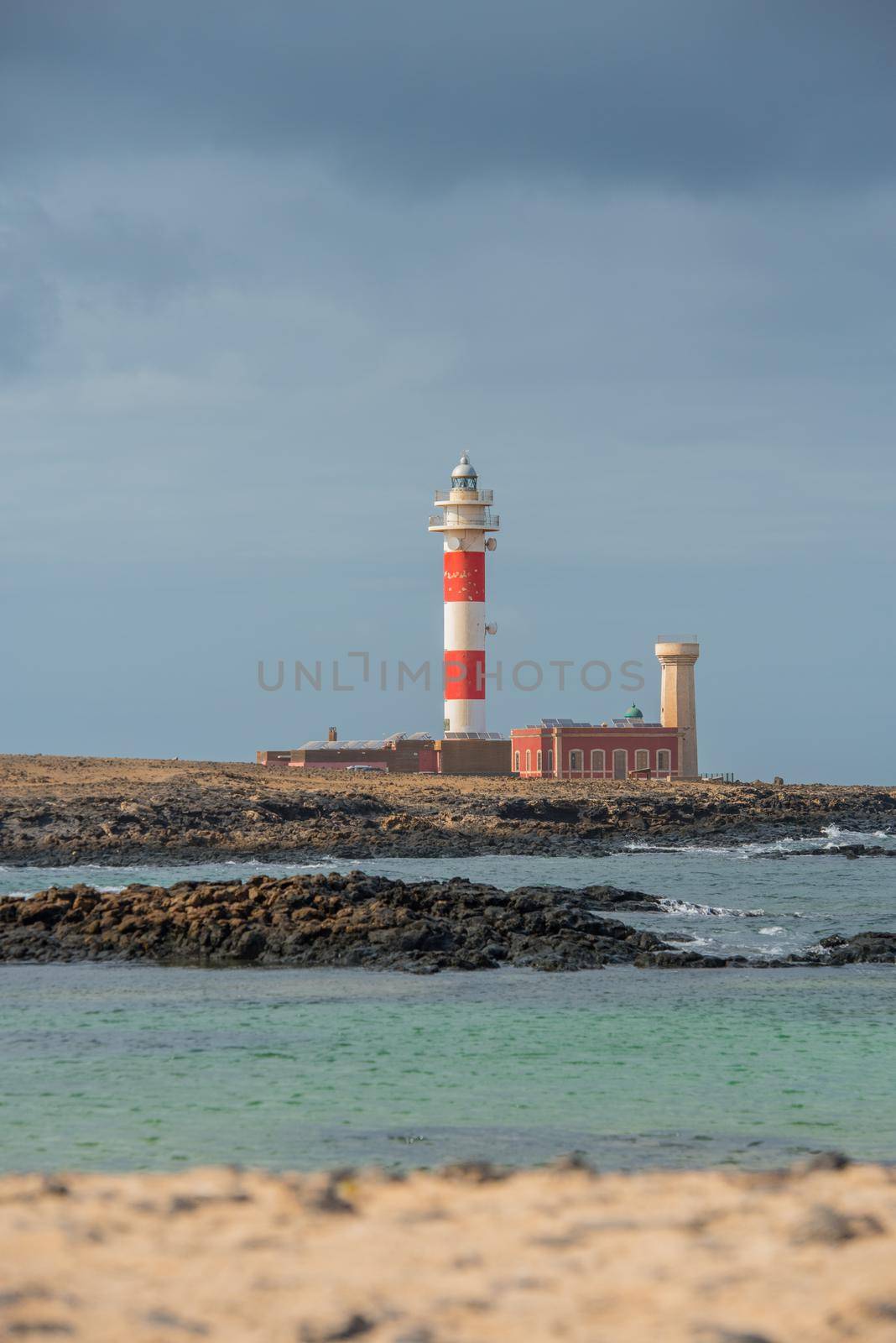 El Cotillo, Fuerteventura, Spain : 2020 October 2 : Sunset Lighthouse Faro el toston, El Cotillo, Fuerteventura, Spain in summer.