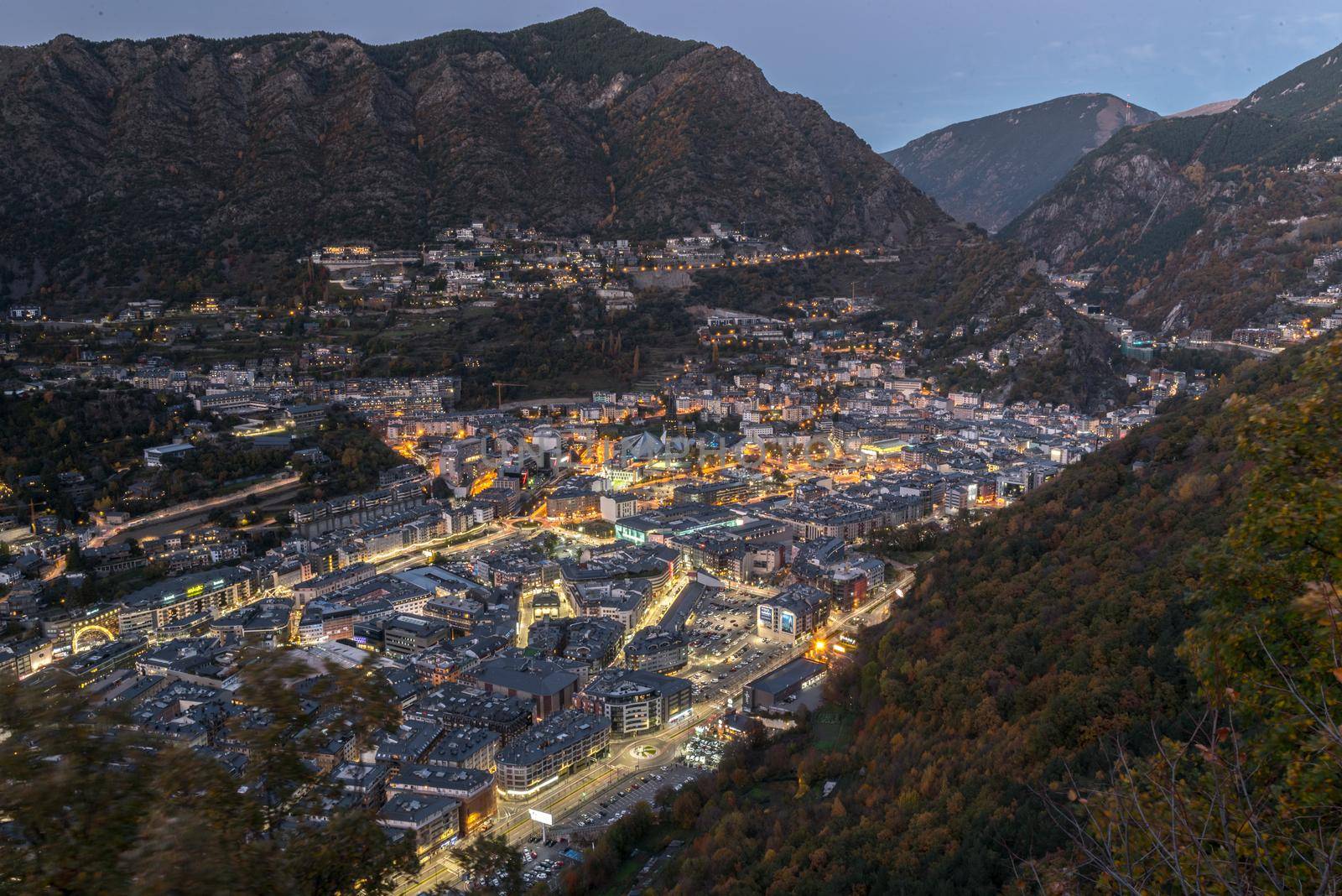 Andorra la Vella, Andorra : 2020 October 30 : Cityscape on the Sunset in Andorra La Vella,  capital of Andorra in Autumn