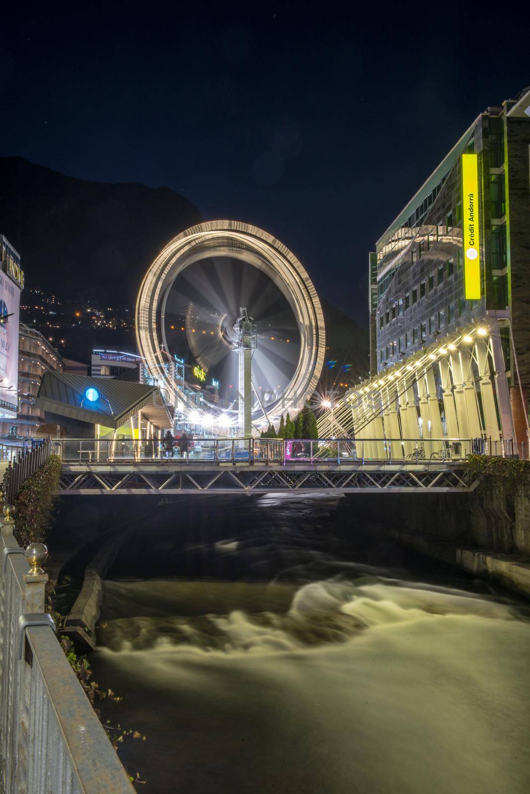 Andorra la Vella, Andorra : 2020 October 30 : Ferris wheel in the City of Andorra La Vella, capital of Andorra in the Pyrenees in autumn 2020.