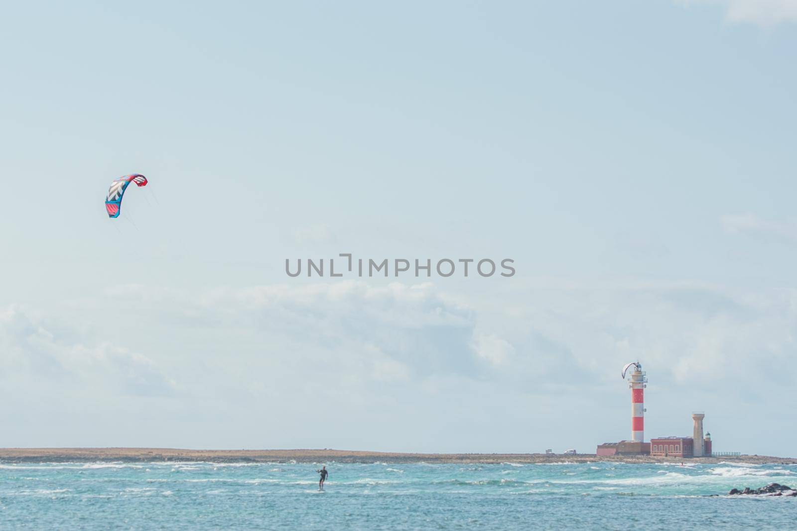 Fuerteventura, Spain : 2020 October 2 : Men in the pratic Kite Surf in the Playas de los Charcos in El Cotillo on Fuerteventura in summer 2020.