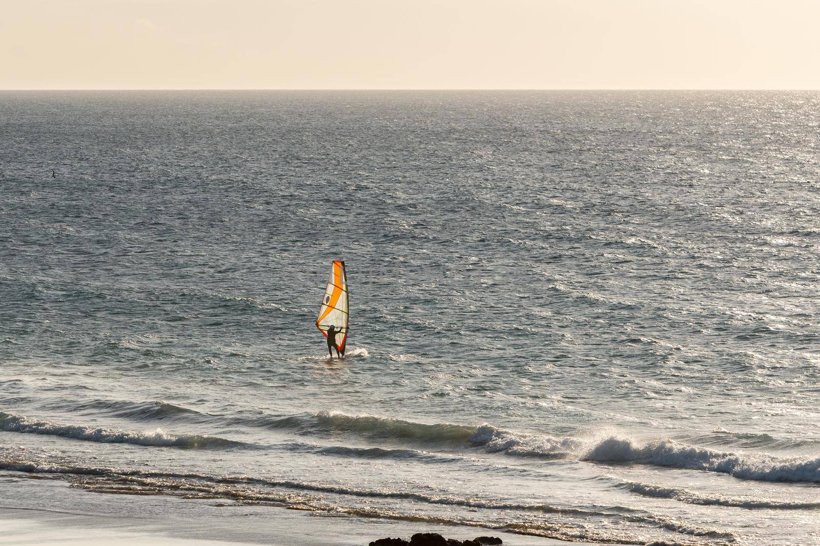 El Cotillo, Fuerteventura, Spain : 2020 October 1 :  Windsurf in the Coast in Fuerteventura at El Cotillo in the Canary Islands, Spain in summer 2020.