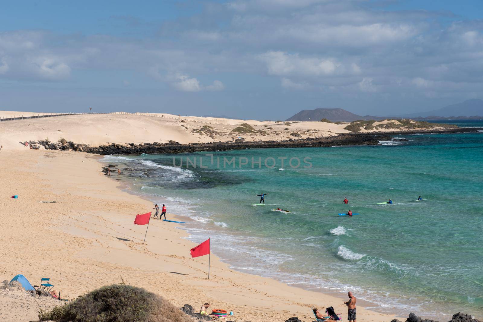 Corralejo, Fuerteventura, Spain: 2020 September 30: Amateur people learning to suffer in the Parque Natual Dunas de Corralejo in Fuerteventura in the Canary Islands in Spain.