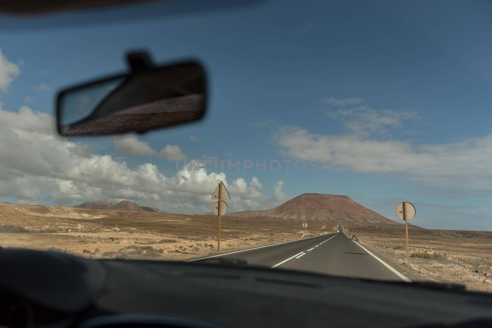 Corralejo, Fuerteventura, Spain: 2020 October 30: Inside the Rental car in the Dunas de Corralejo Natural Park in Fuerteventura, Spain in the fall of 2020.