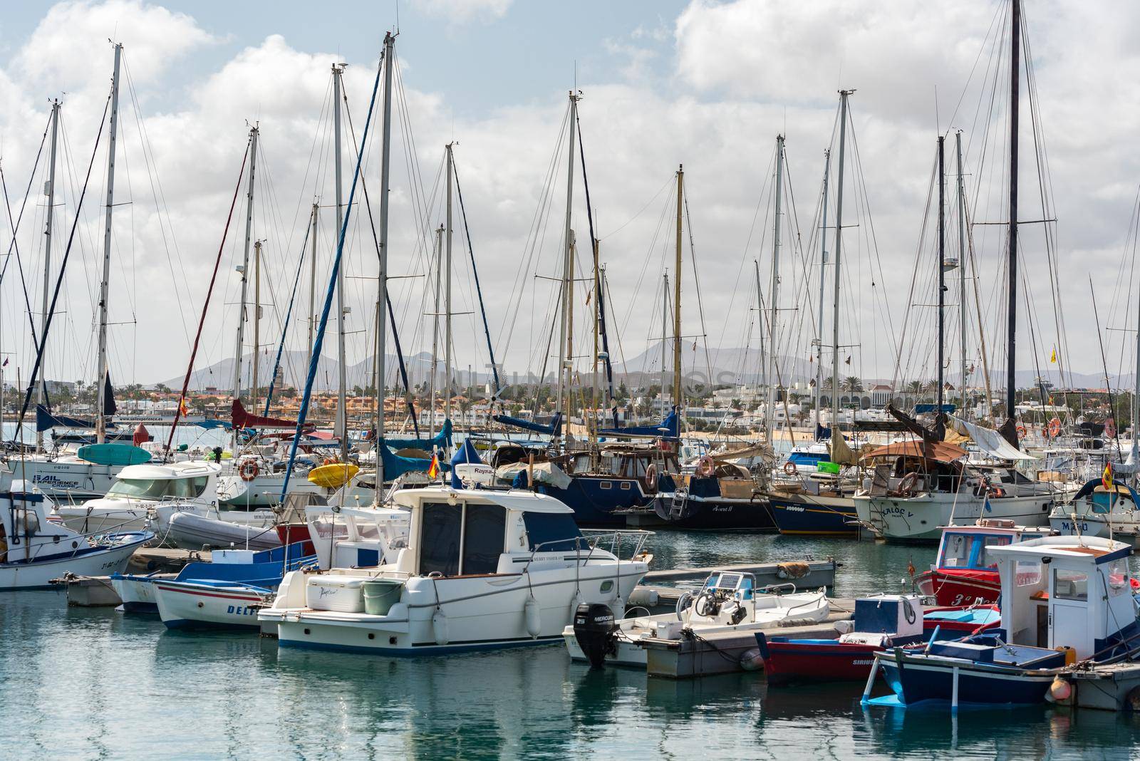 Corralejo, Fuerteventura, Spain: 2020 September 30: Sunny day in the port of Corralejo in Fuerteventura on the Canary Islands in Spain.