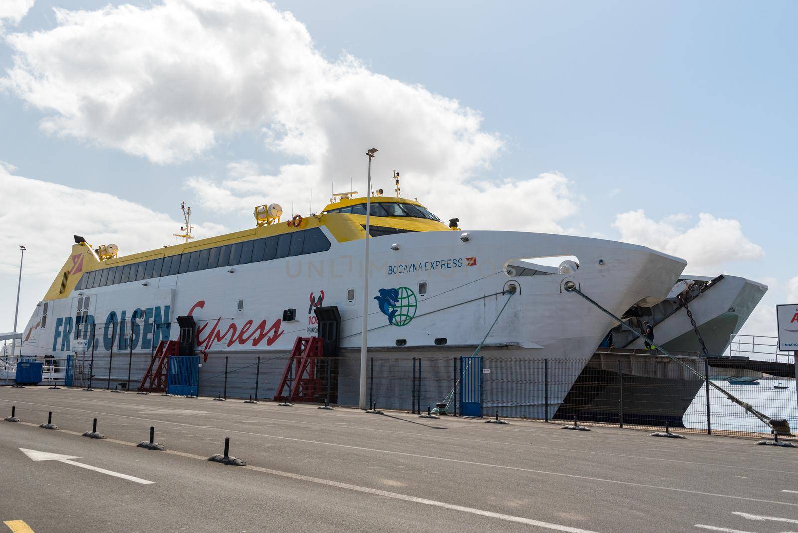 Corralejo, Fuerteventura, Spain: 2020 September 30: Ferry Fred Olsen in the port of Corralejo in Fuerteventura in the Canary Islands in Spain.