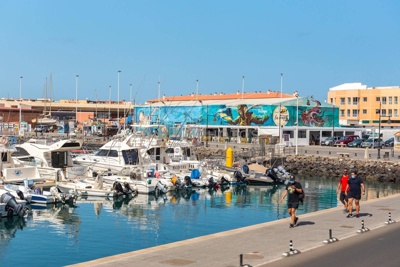 Corralejo, Fuerteventura, Spain: 2020 September 30: Sunny day in the port of Corralejo in Fuerteventura on the Canary Islands in Spain.