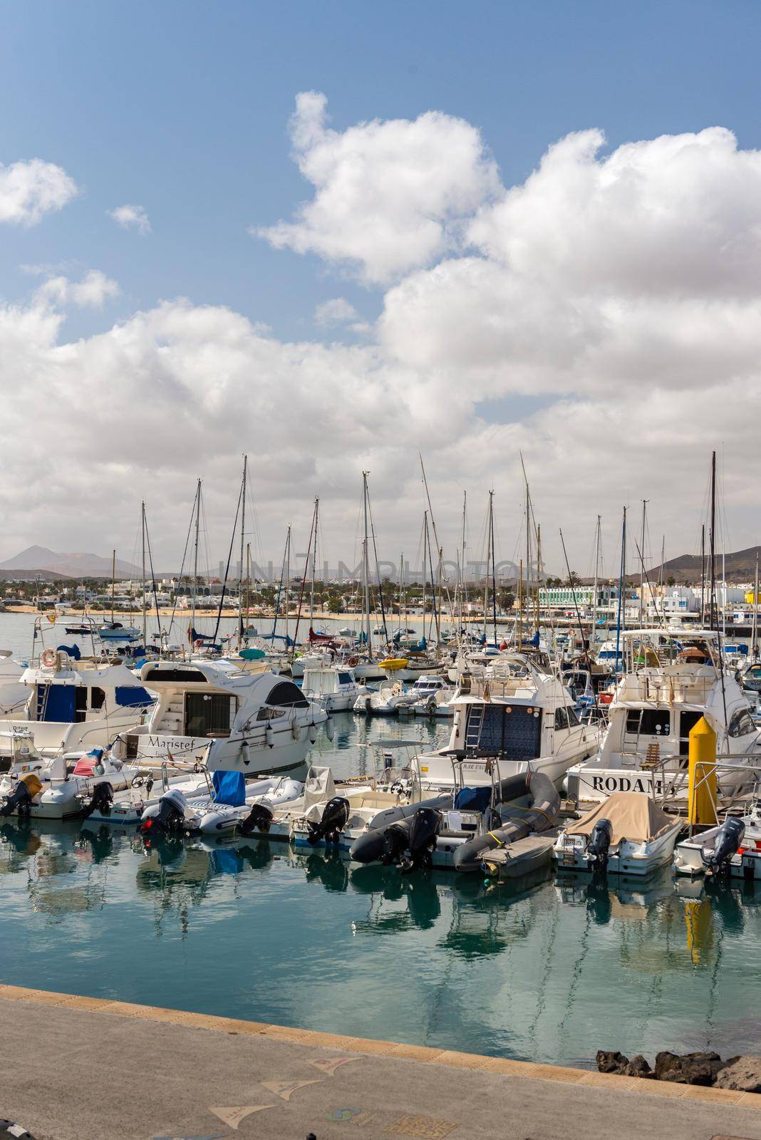 Corralejo, Fuerteventura, Spain: 2020 September 30: Sunny day in the port of Corralejo in Fuerteventura on the Canary Islands in Spain.