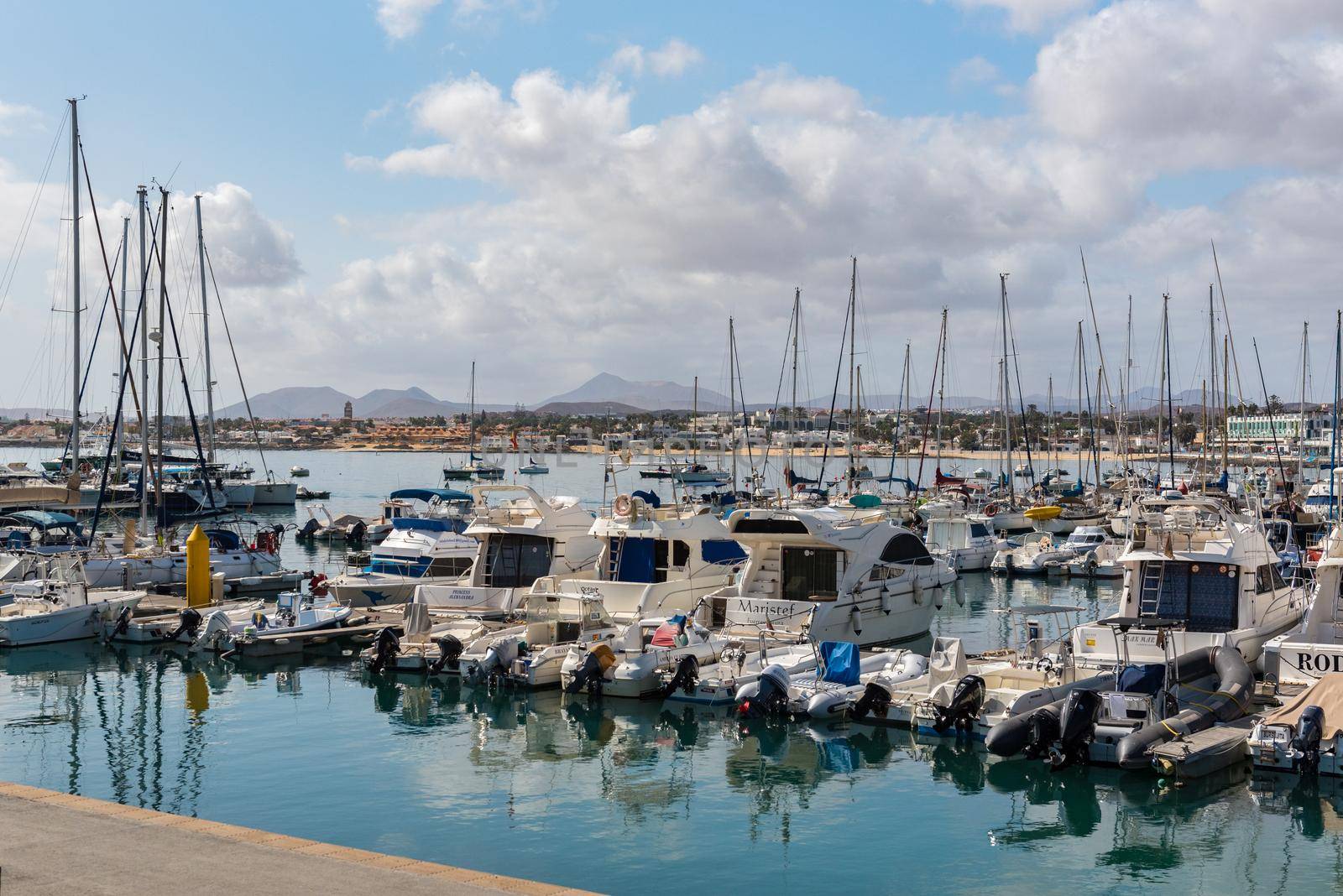 Corralejo, Fuerteventura, Spain: 2020 September 30: Sunny day in the port of Corralejo in Fuerteventura on the Canary Islands in Spain.