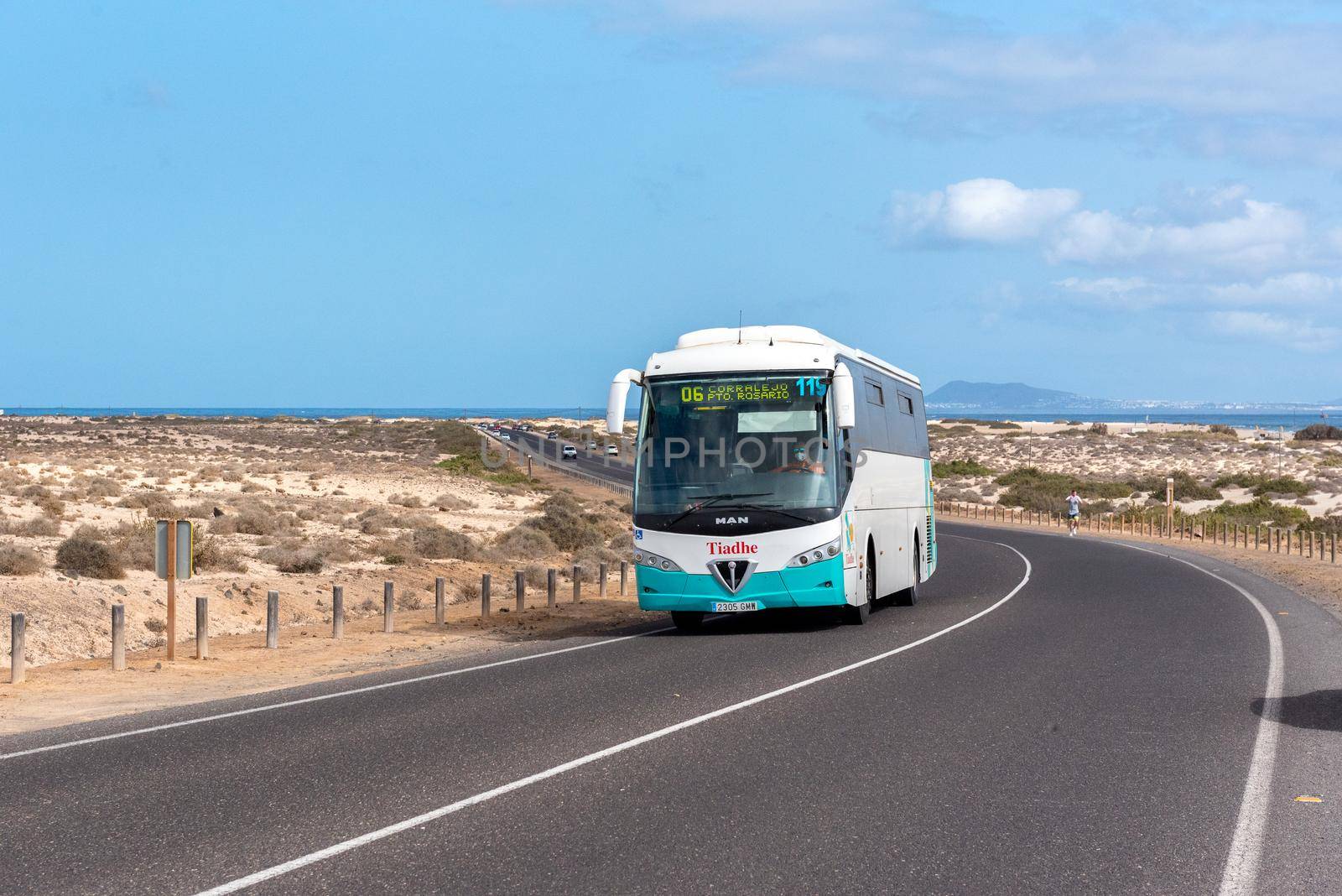 Corralejo, Fuerteventura, Spain: 2020 October 30: Bus in the Dunas de Corralejo Natural Park in Fuerteventura, Spain in the fall of 2020.