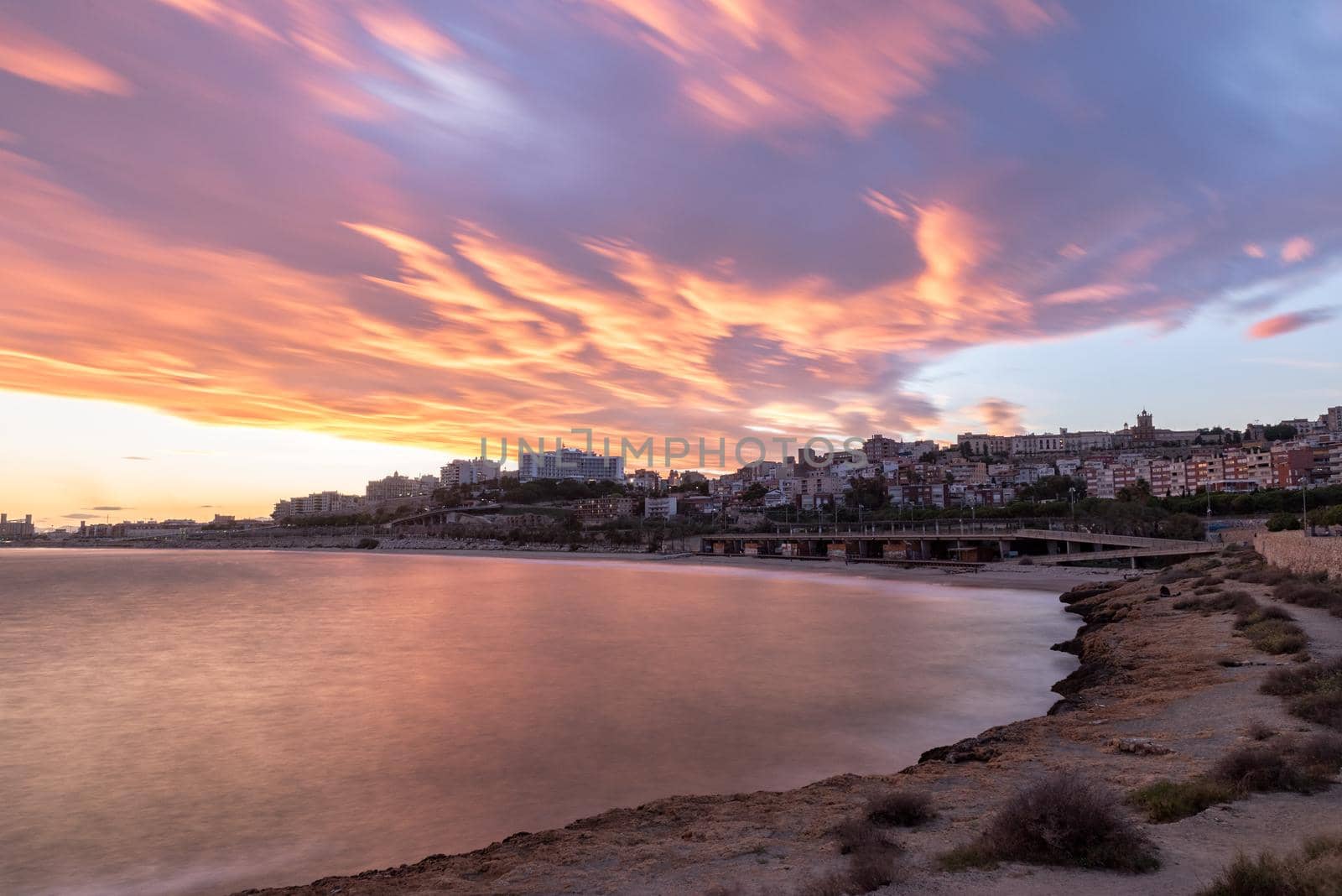 Beautiful sunny sunset in the city of Tarragona, in Catalonia, Spain in the summer of 2020.