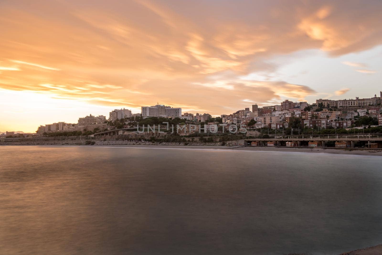 Beautiful sunny sunset in the city of Tarragona, in Catalonia, Spain in the summer of 2020.
