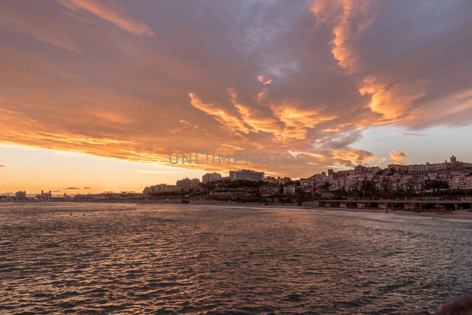 Beautiful sunny sunset in the city of Tarragona, in Catalonia, Spain in the summer of 2020.