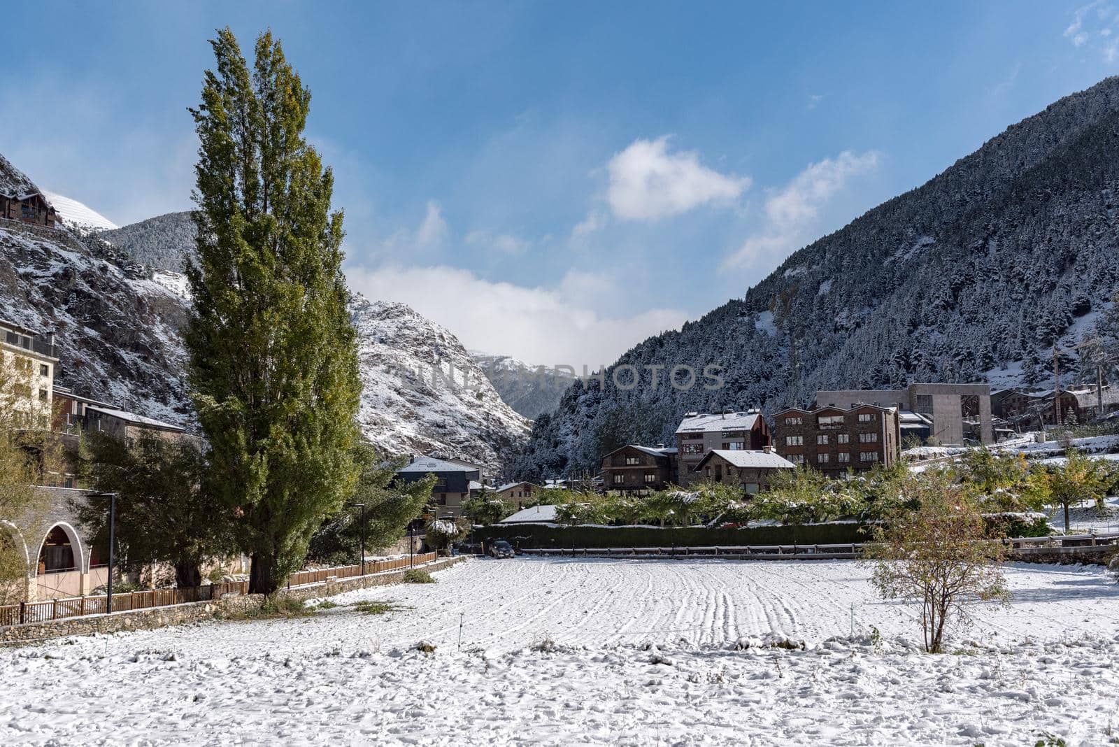 Canillo, Andorra : 2019 February 01 : Snowy sunrise in the town of Canillo in Winter. Canillo, Andorra