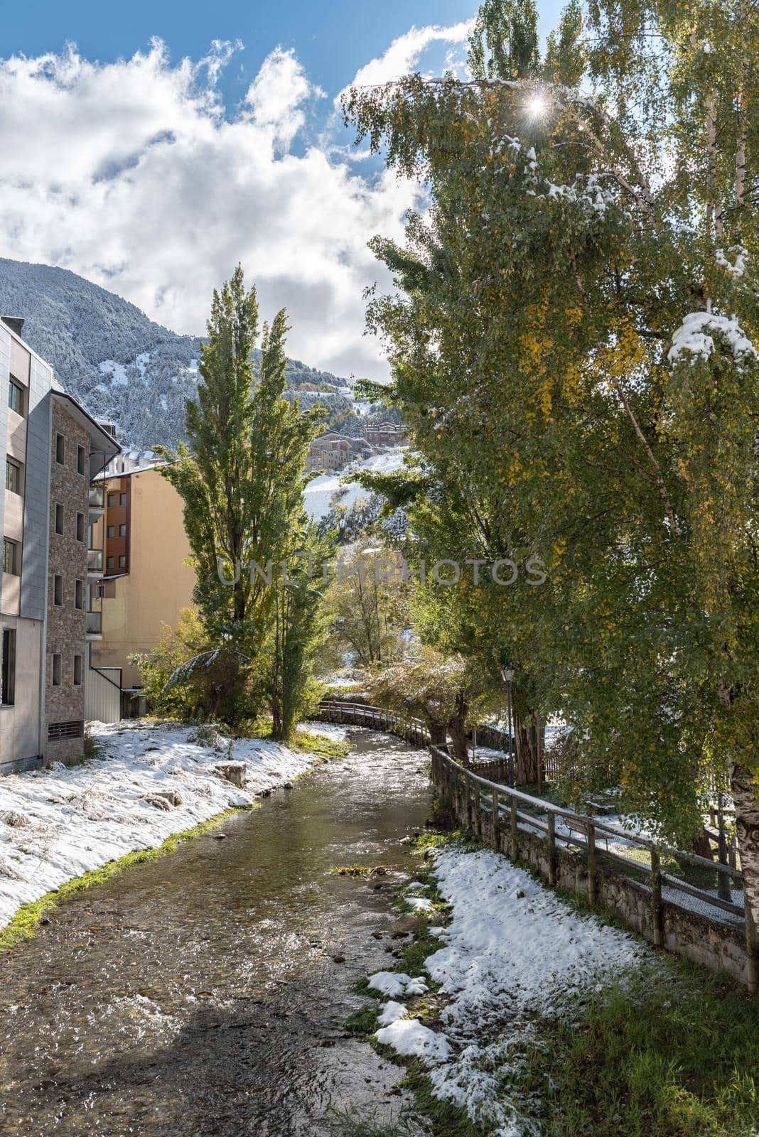 Canillo, Andorra : 2019 February 01 : Snowy sunrise in the town of Canillo in Winter. Canillo, Andorra