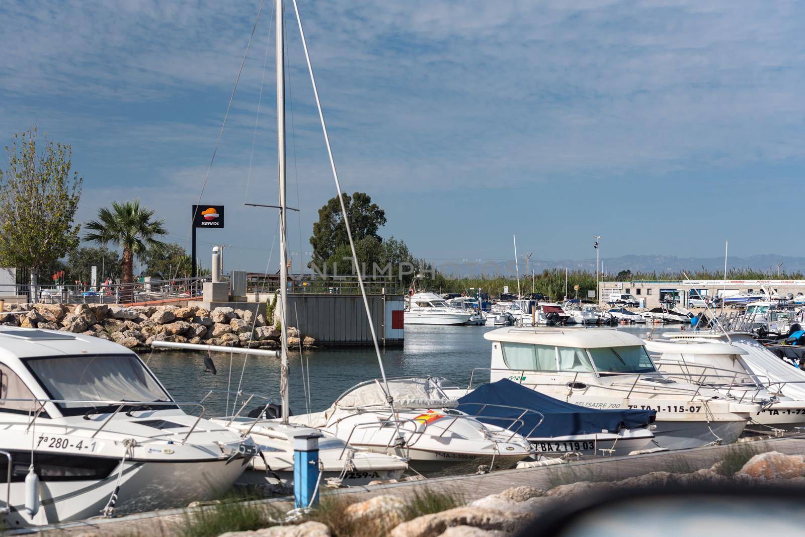 Ebro Delta, Spain: 2020 September: Port of  Ebro River in summer in the port on 2020