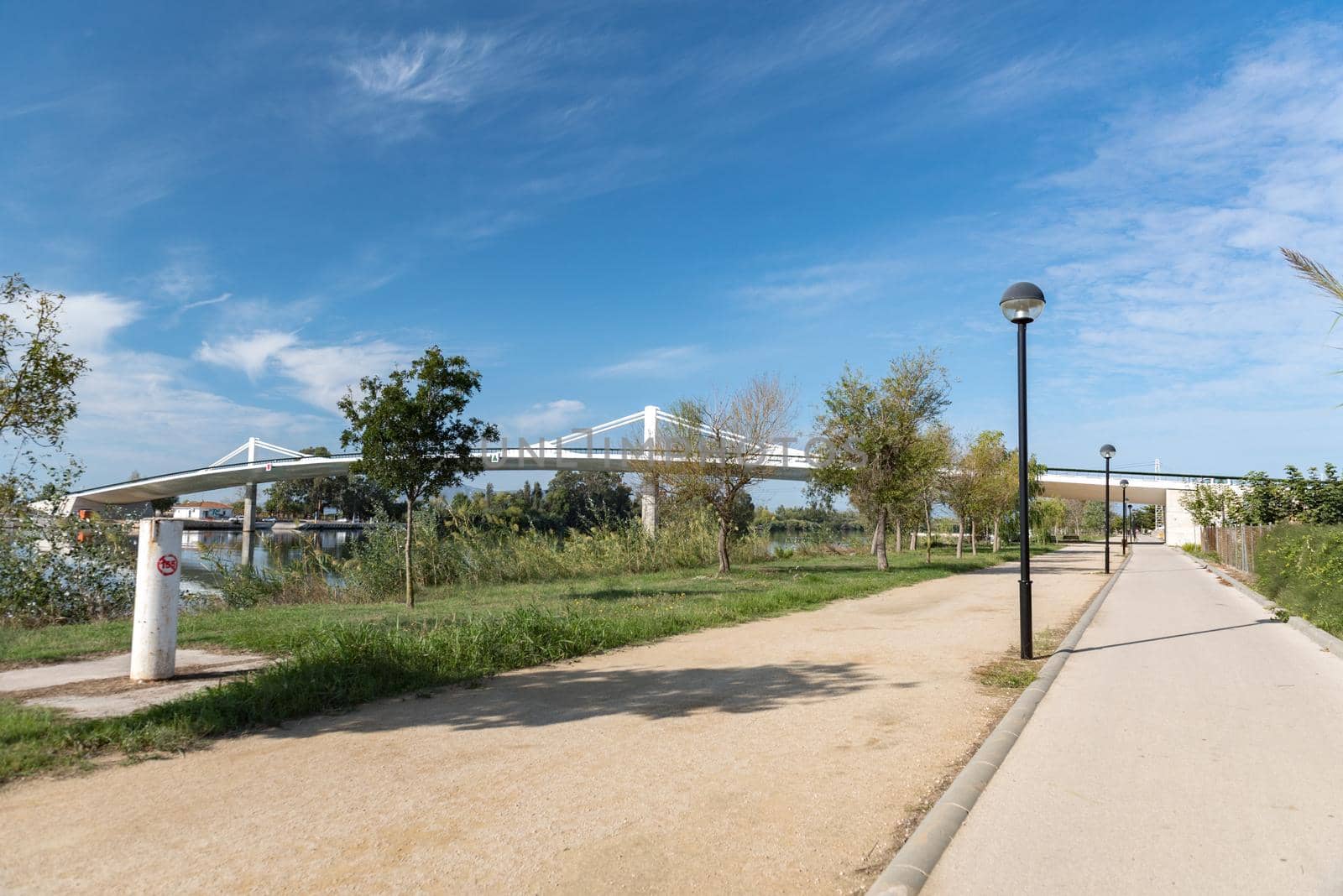 Sant Jaume d Enveja new bridge Lo Passador over Ebro river Ebro Delta, Tarragona, Catalonia, Spain.