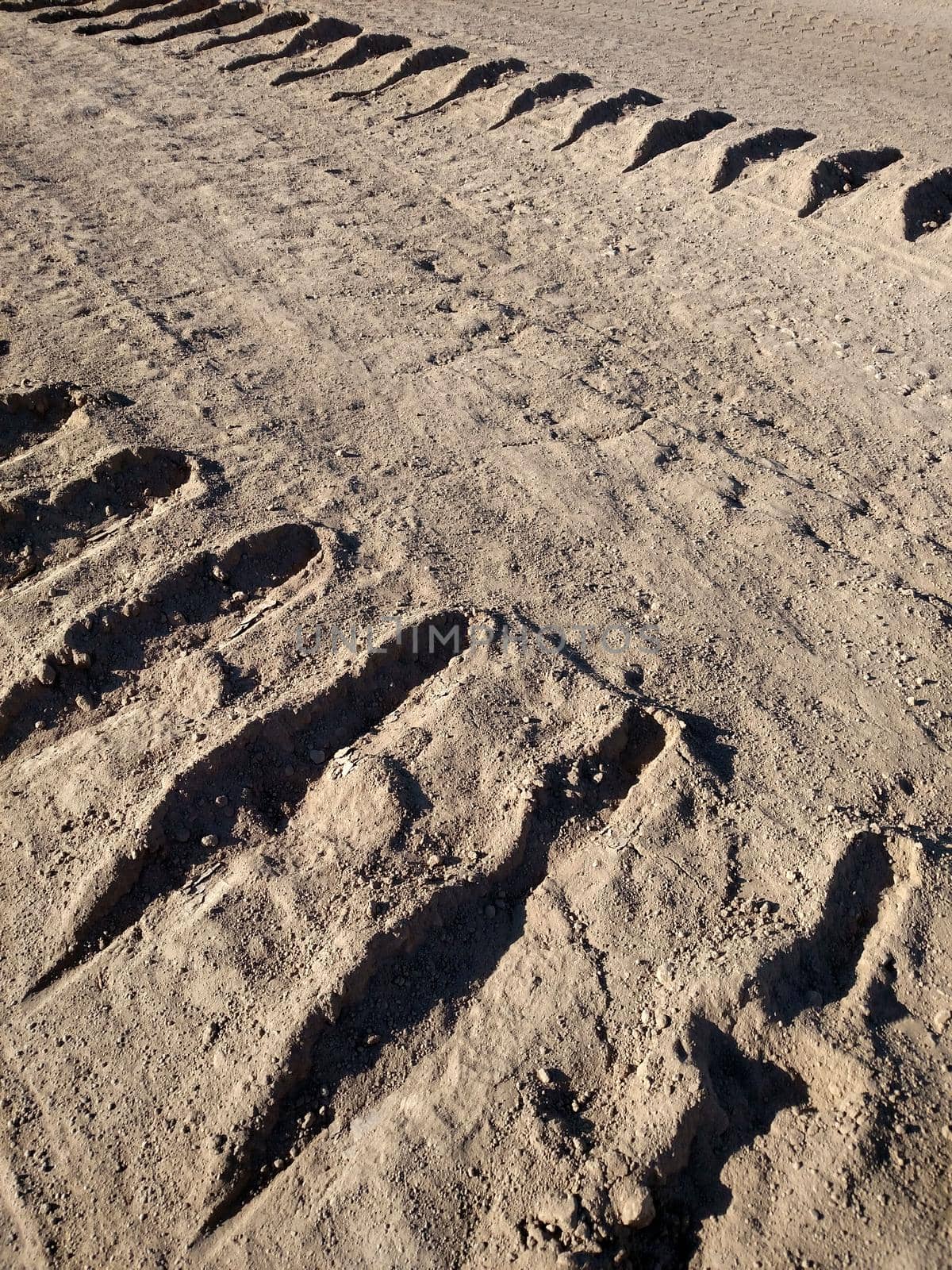 Bulldozer tracks remained on the dry clay road.