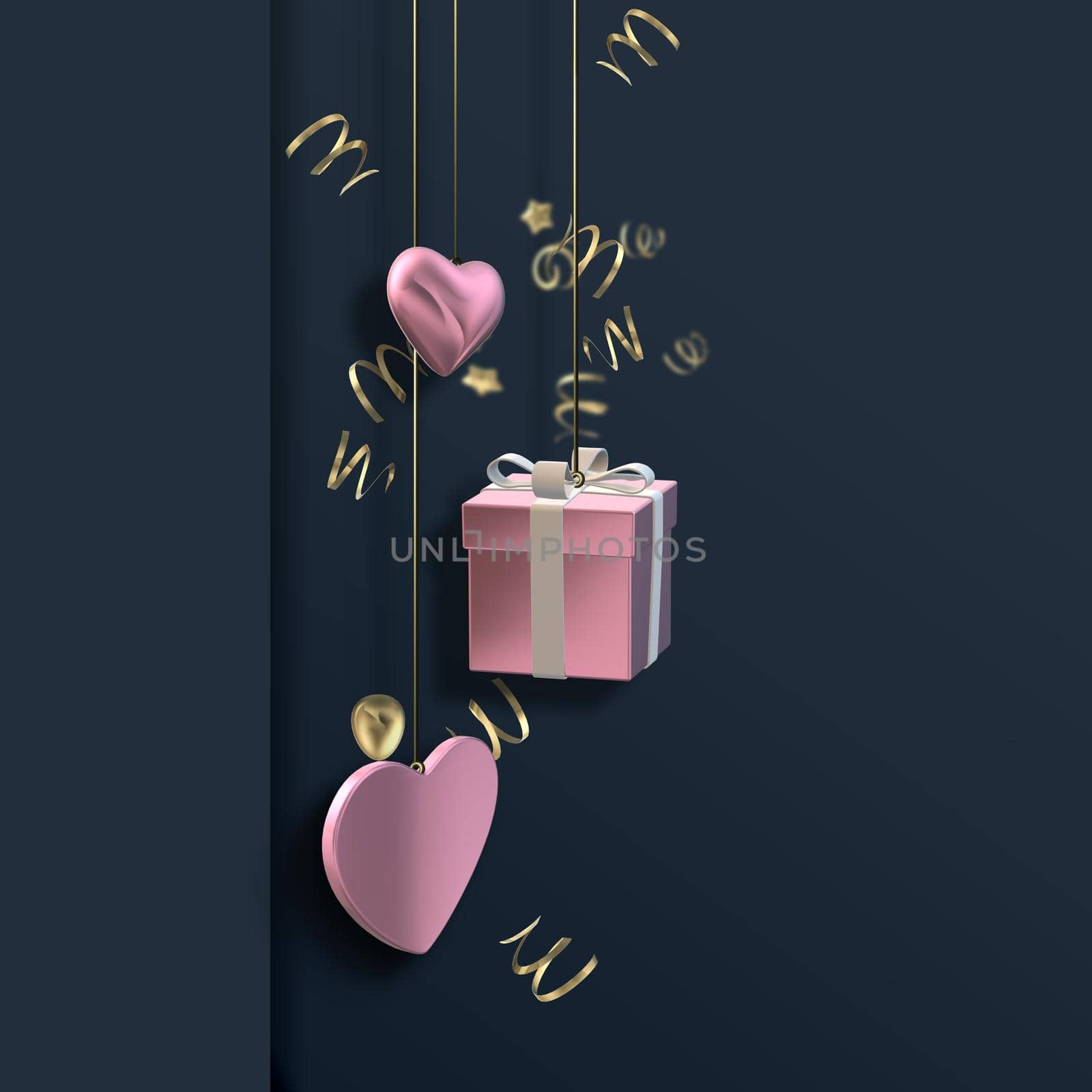 Love hearts, 3D gift pink boxes on dark blue black background. Valentines, Love, party invitation, mothers day, 8th March, wedding, greeting card. Place for text. Elegant pink loves design. 3D render