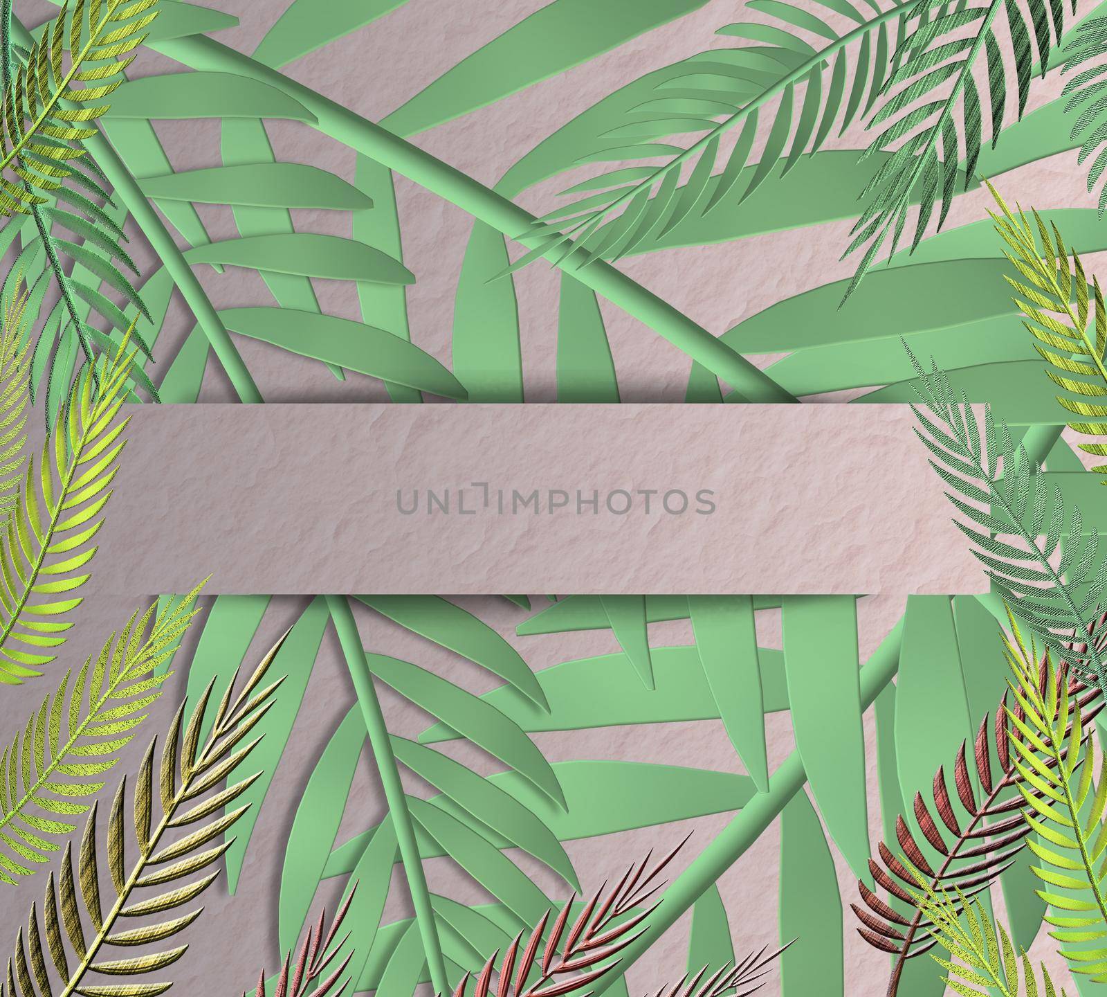 Tropical leaves in frame in paper strip on paper background. Place for text, mock up. Top view, flat lay. 3D illustration