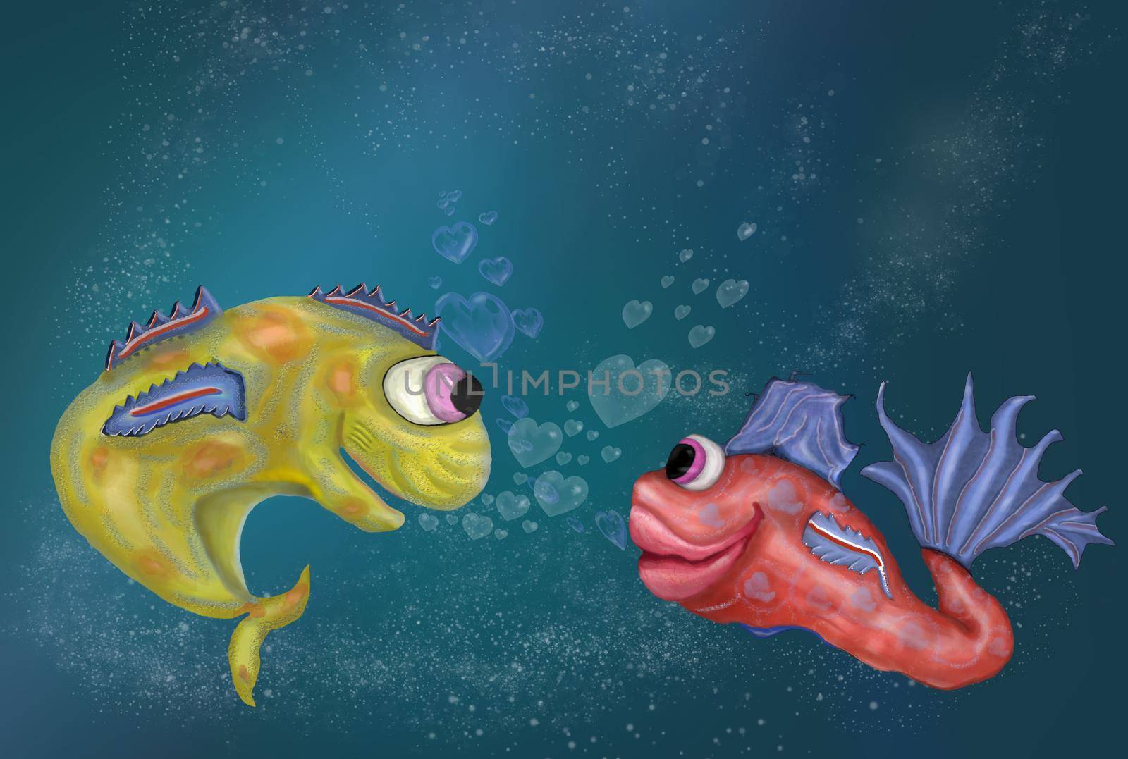 Funny exotic couple fishes in love. Two fish in love and heart made of bubbles. Love pair. Romantic feeling concept. Stock illustration